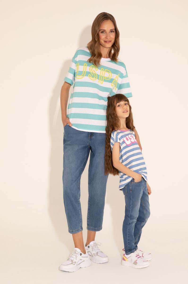 Kız Çocuk Koyu Mavi Bisiklet Yaka Tişört