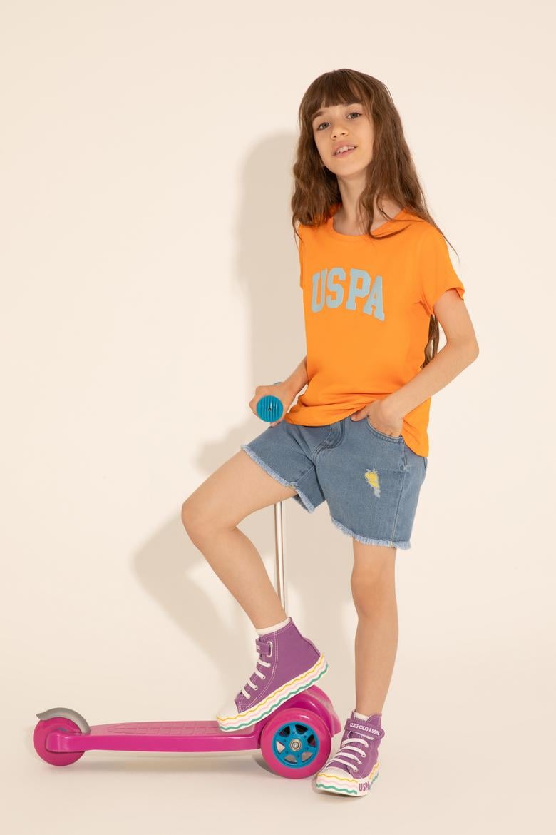 Kız Çocuk Turuncu Bisiklet Yaka Basic Tişört - 50288500023