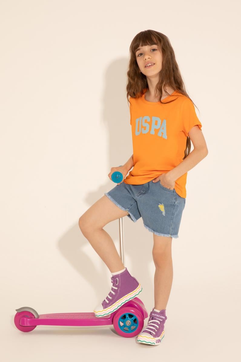 Kız Çocuk Turuncu Bisiklet Yaka Basic Tişört