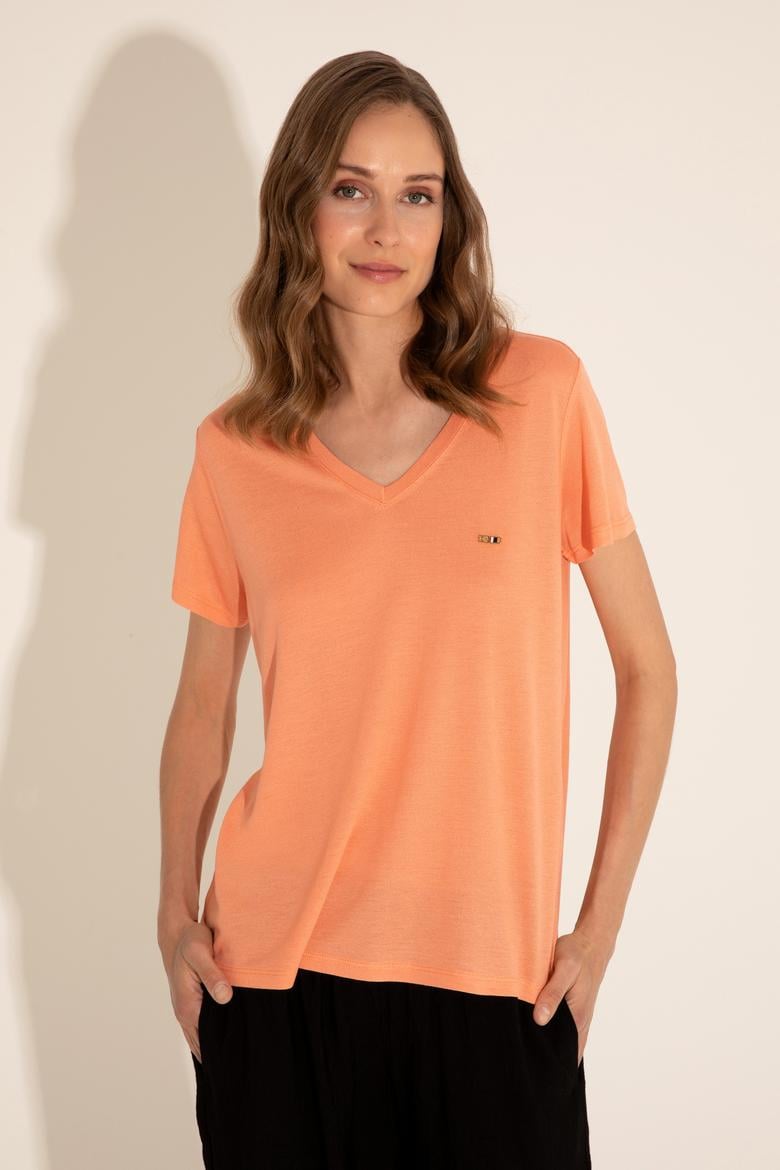 Kadın Somon V Yaka Tişört - 50286055021