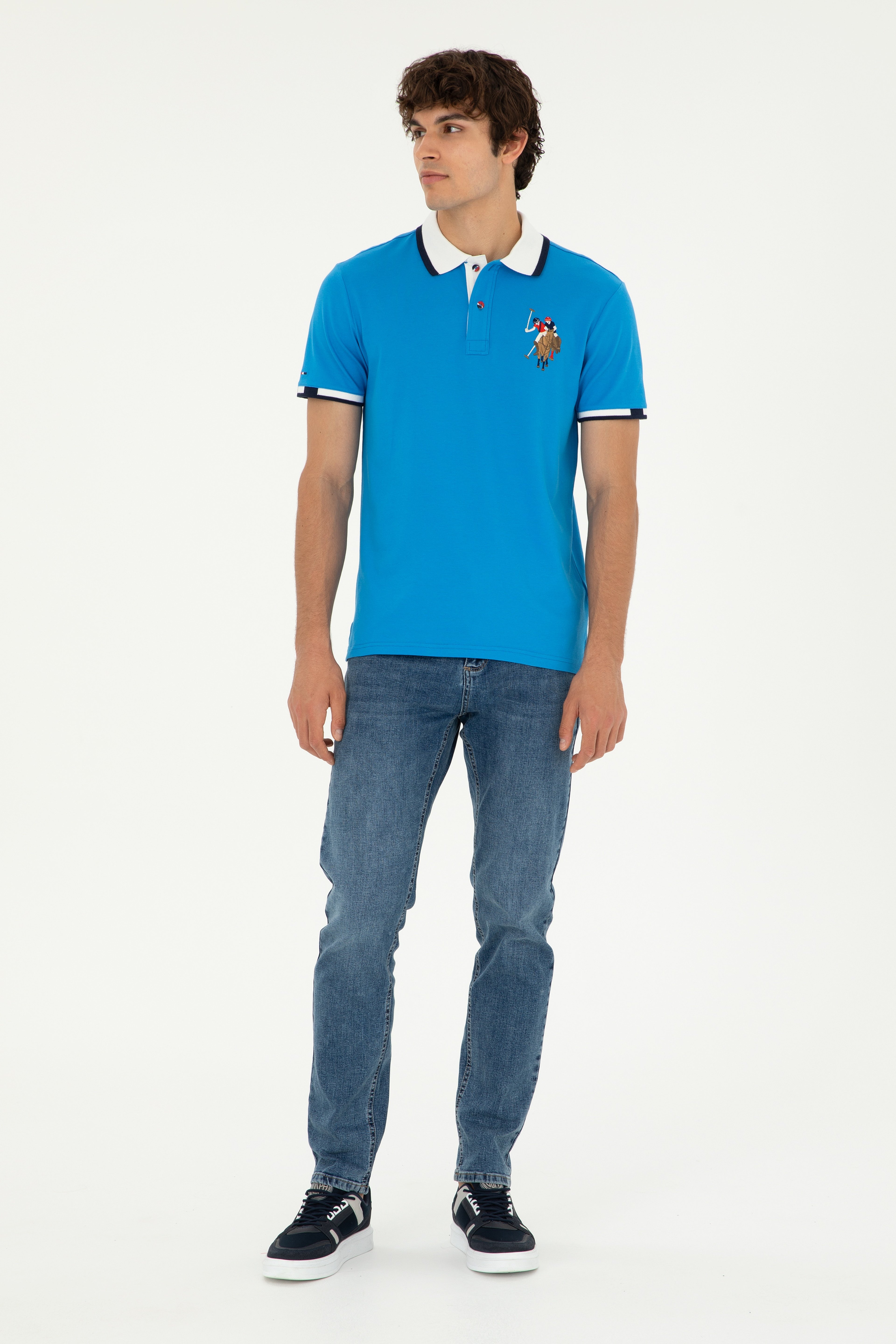Erkek Slim Fit Polo Yaka Saks Basic Tişört