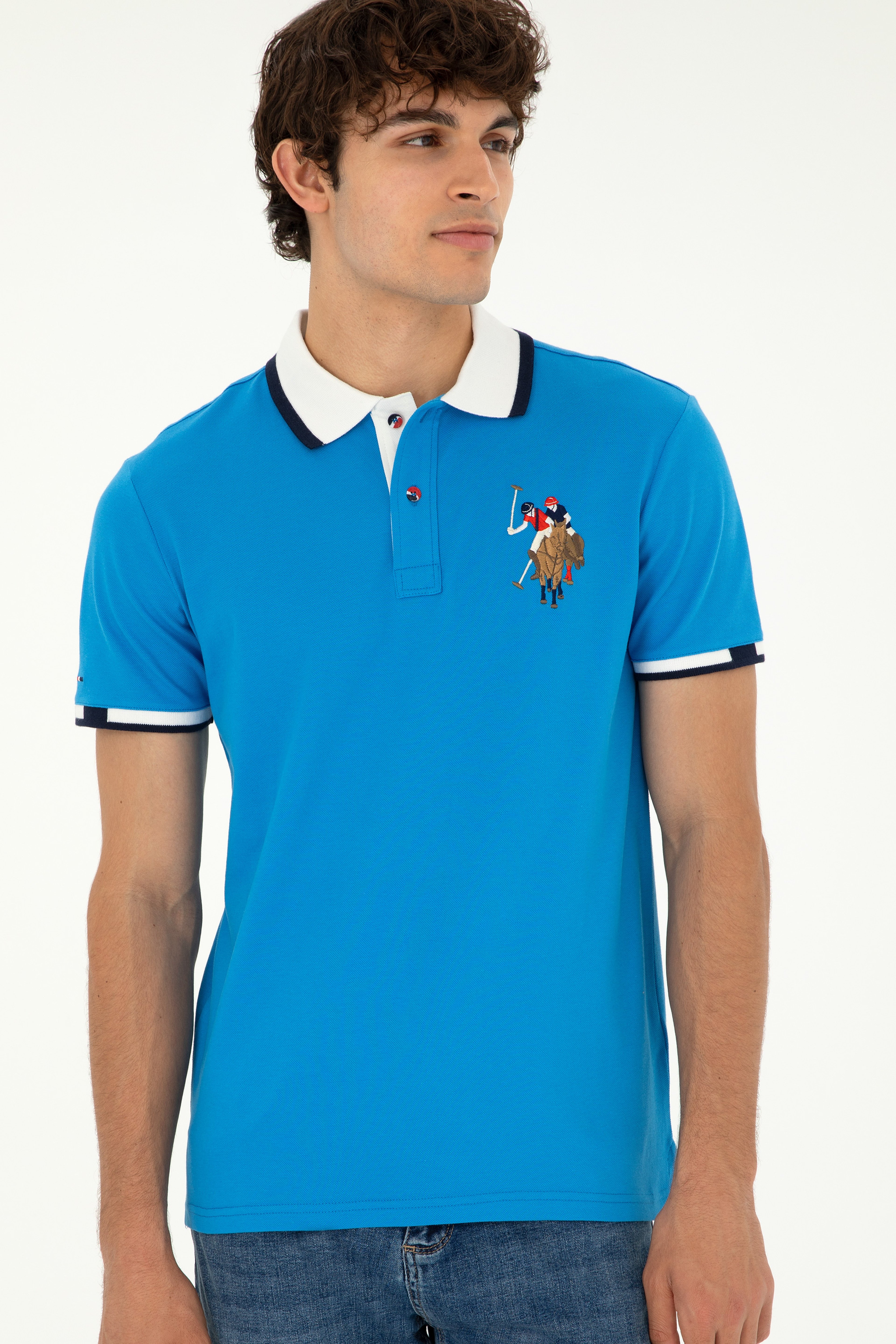 Erkek Slim Fit Polo Yaka Saks Basic Tişört