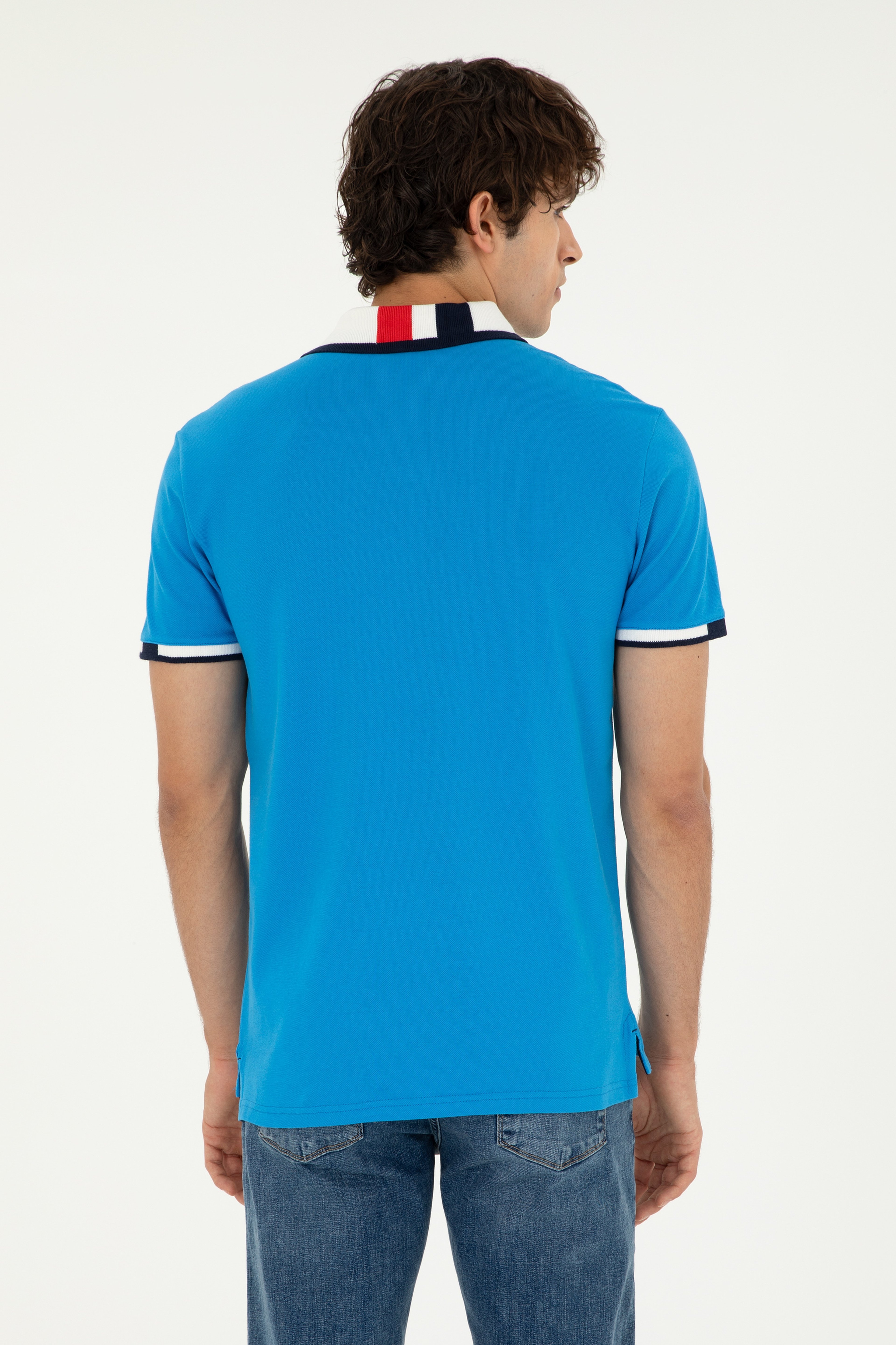 Erkek Slim Fit Polo Yaka Saks Basic Tişört - Image 5