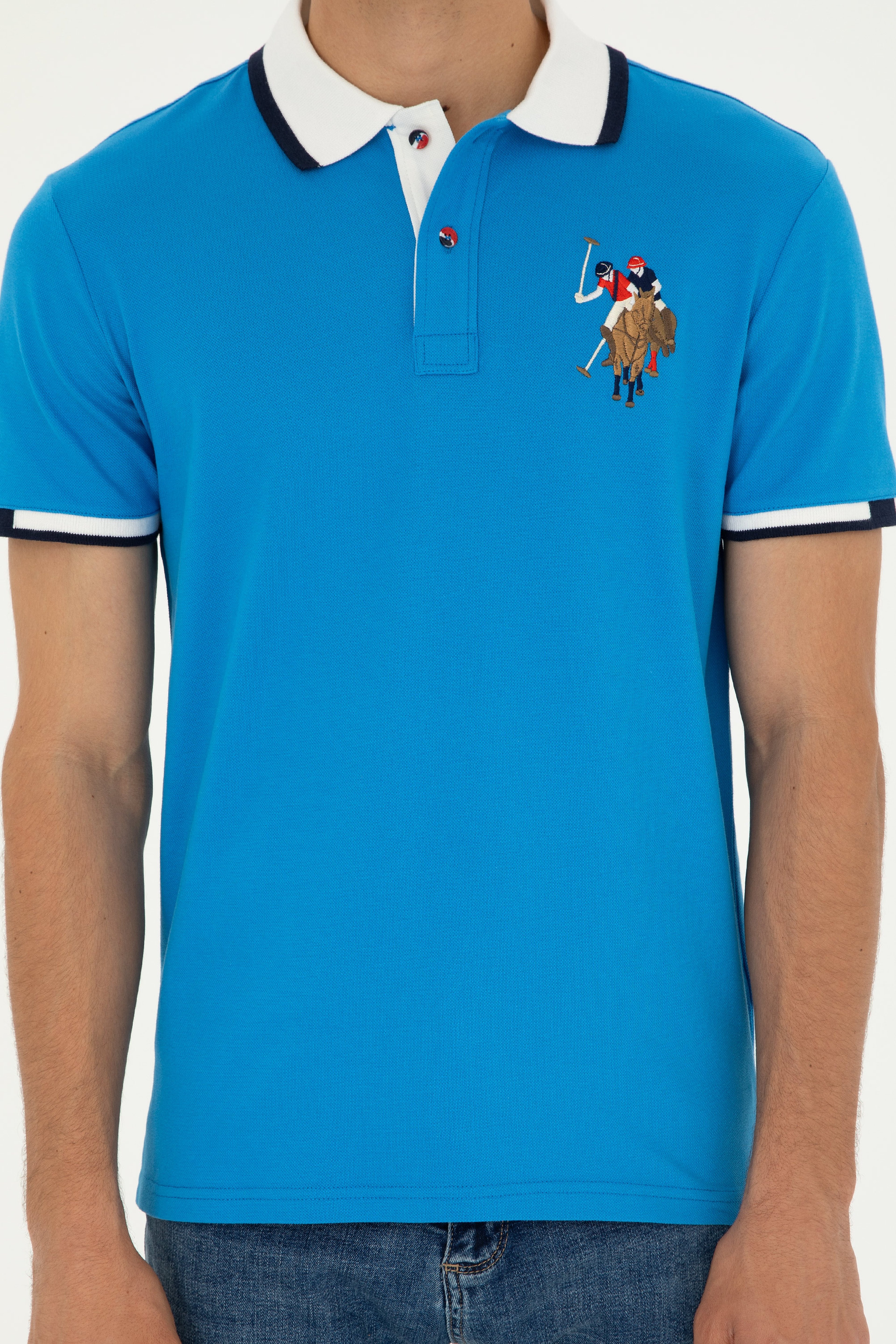 Erkek Slim Fit Polo Yaka Saks Basic Tişört - Image 6