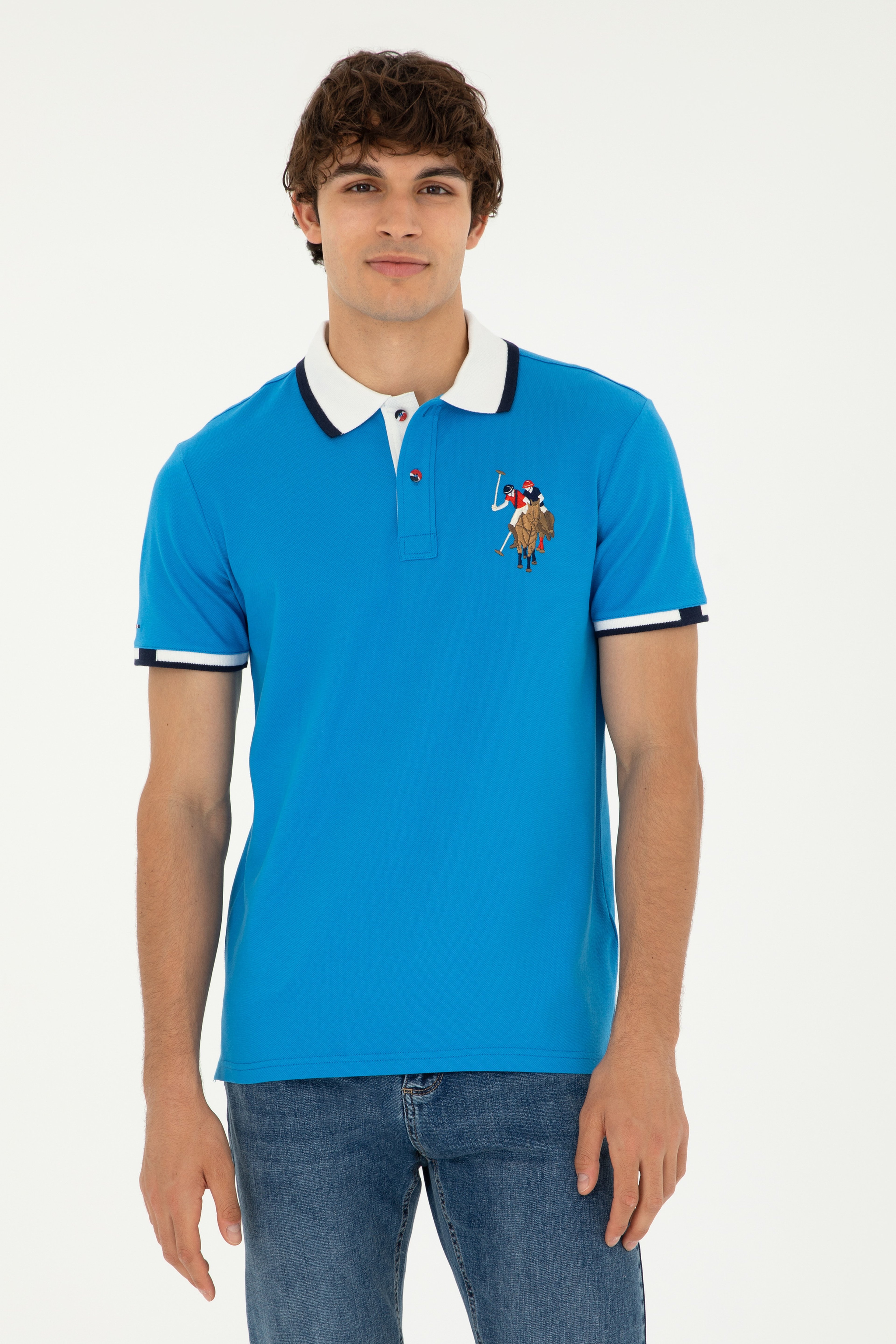 Erkek Slim Fit Polo Yaka Saks Basic Tişört - Image 1