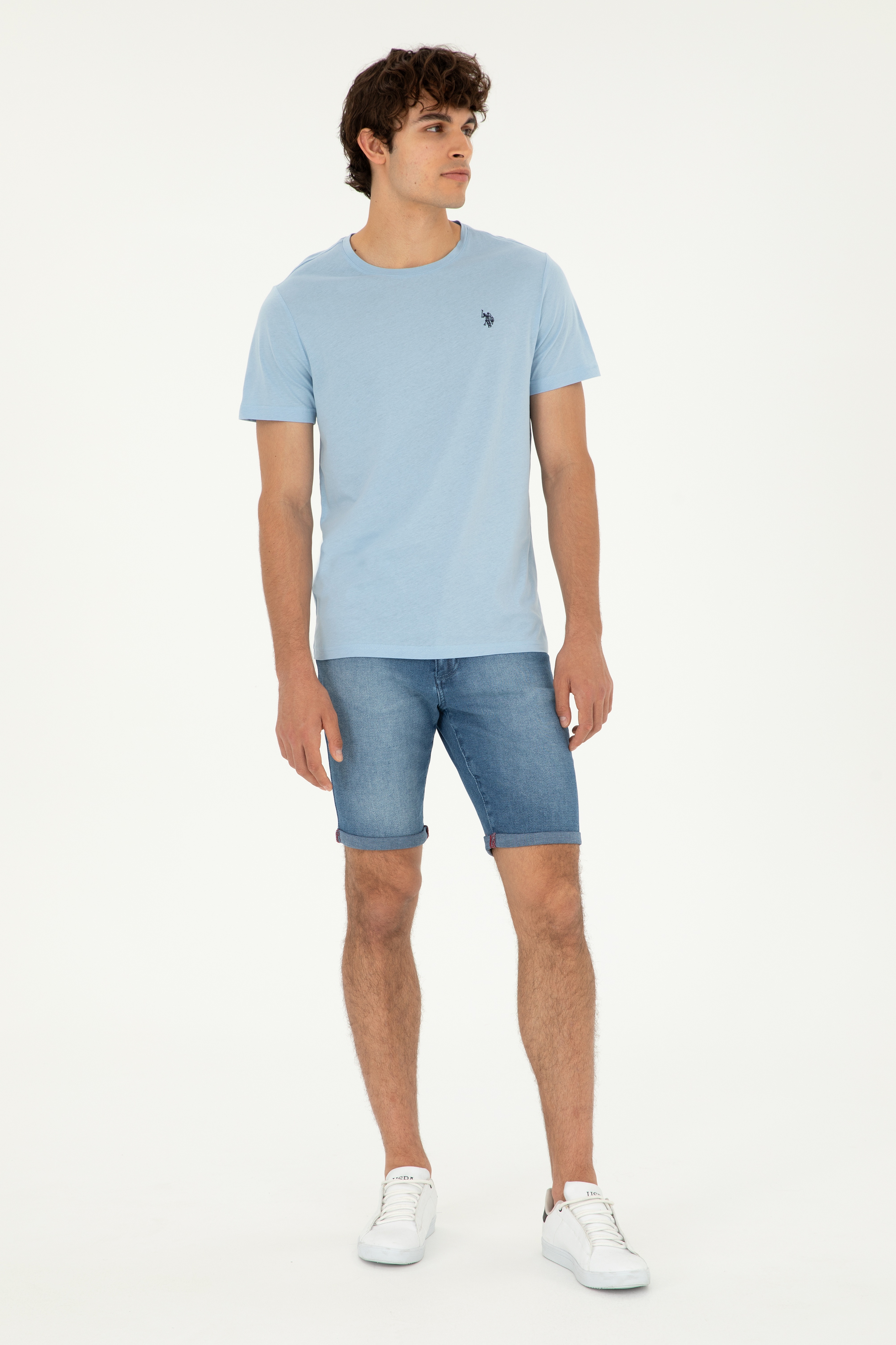 Erkek Regular Fit Bisiklet Yaka Açık Mavi Basic Tişört