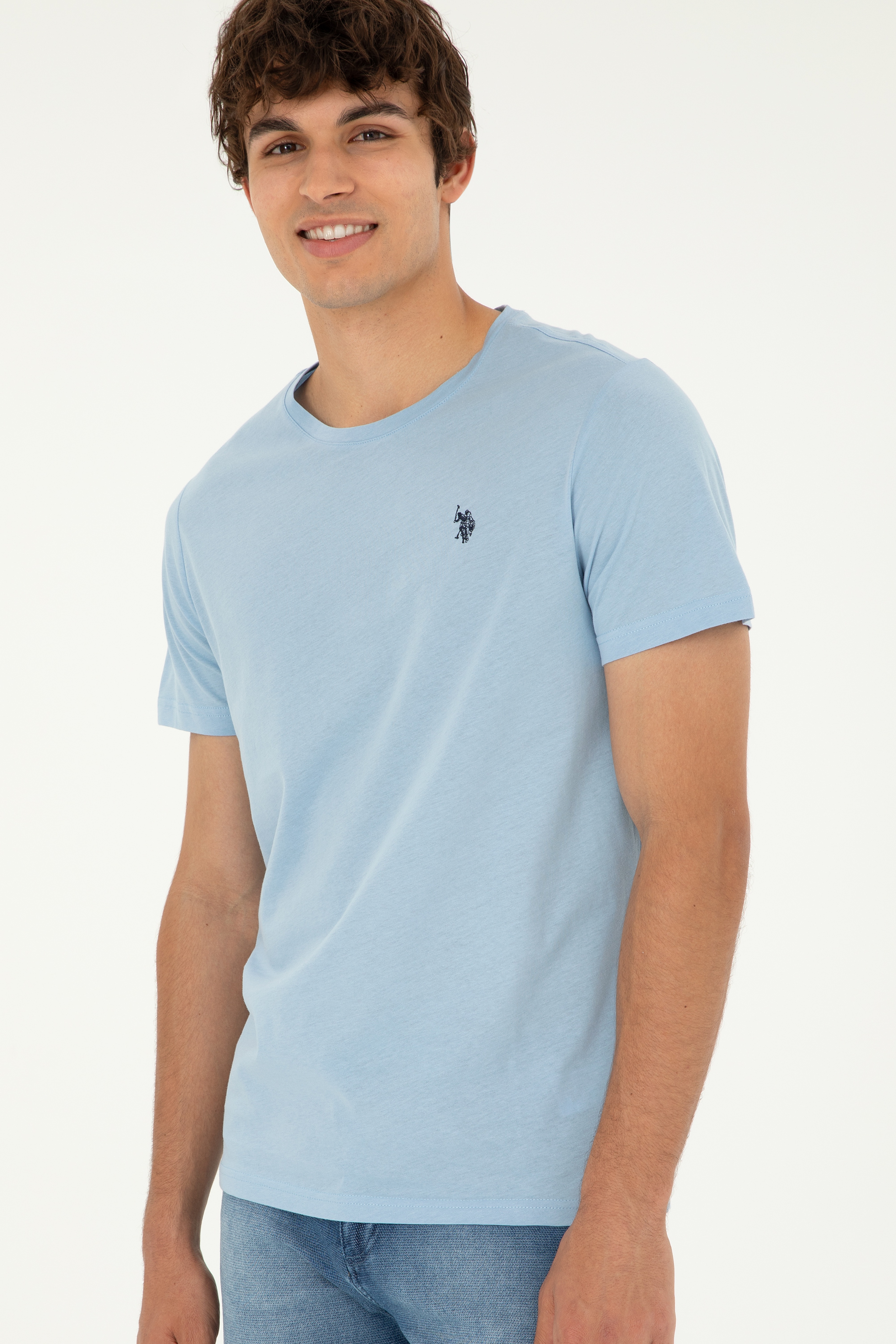 Erkek Regular Fit Bisiklet Yaka Açık Mavi Basic Tişört
