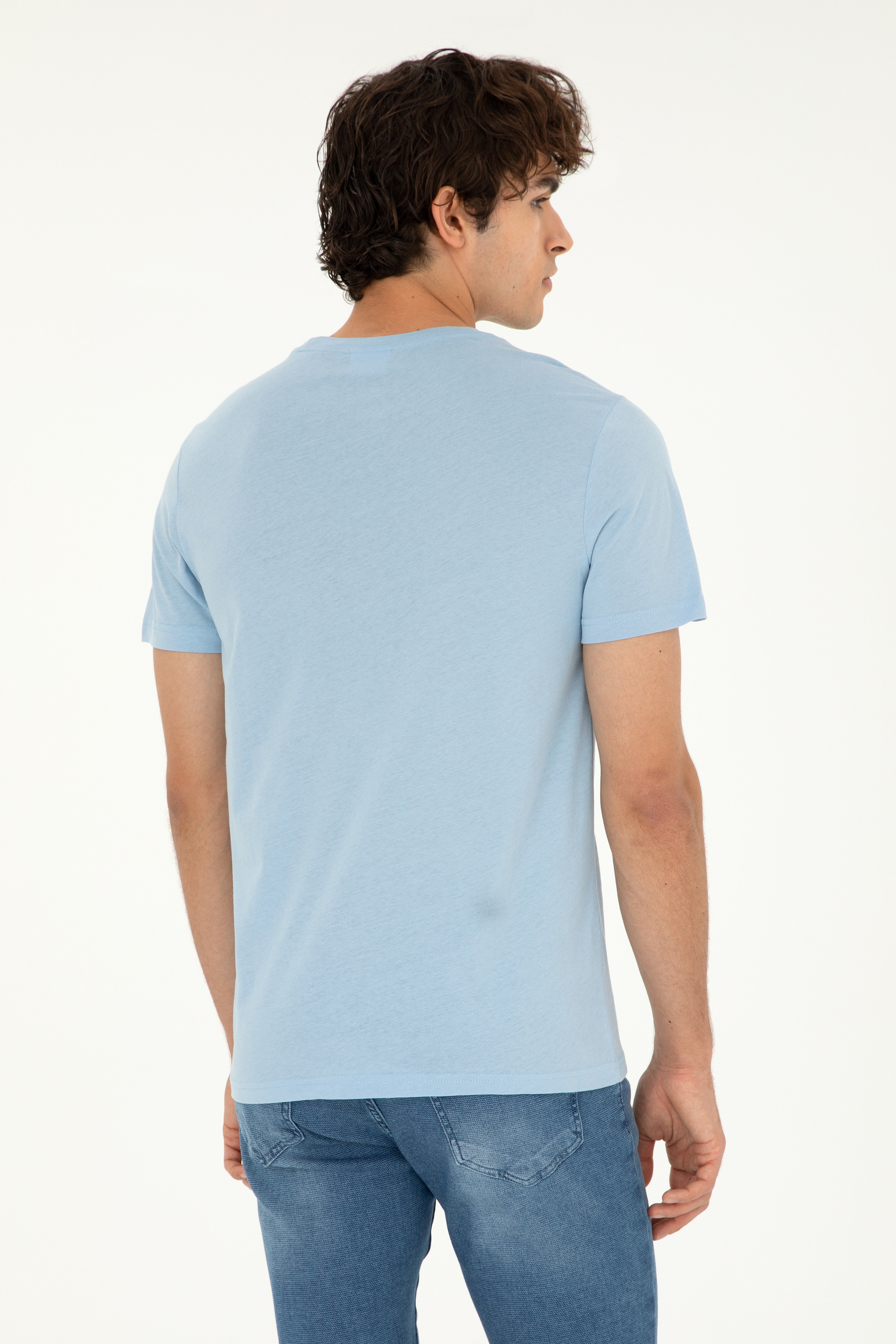 Erkek Regular Fit Bisiklet Yaka Açık Mavi Basic Tişört - Image 5