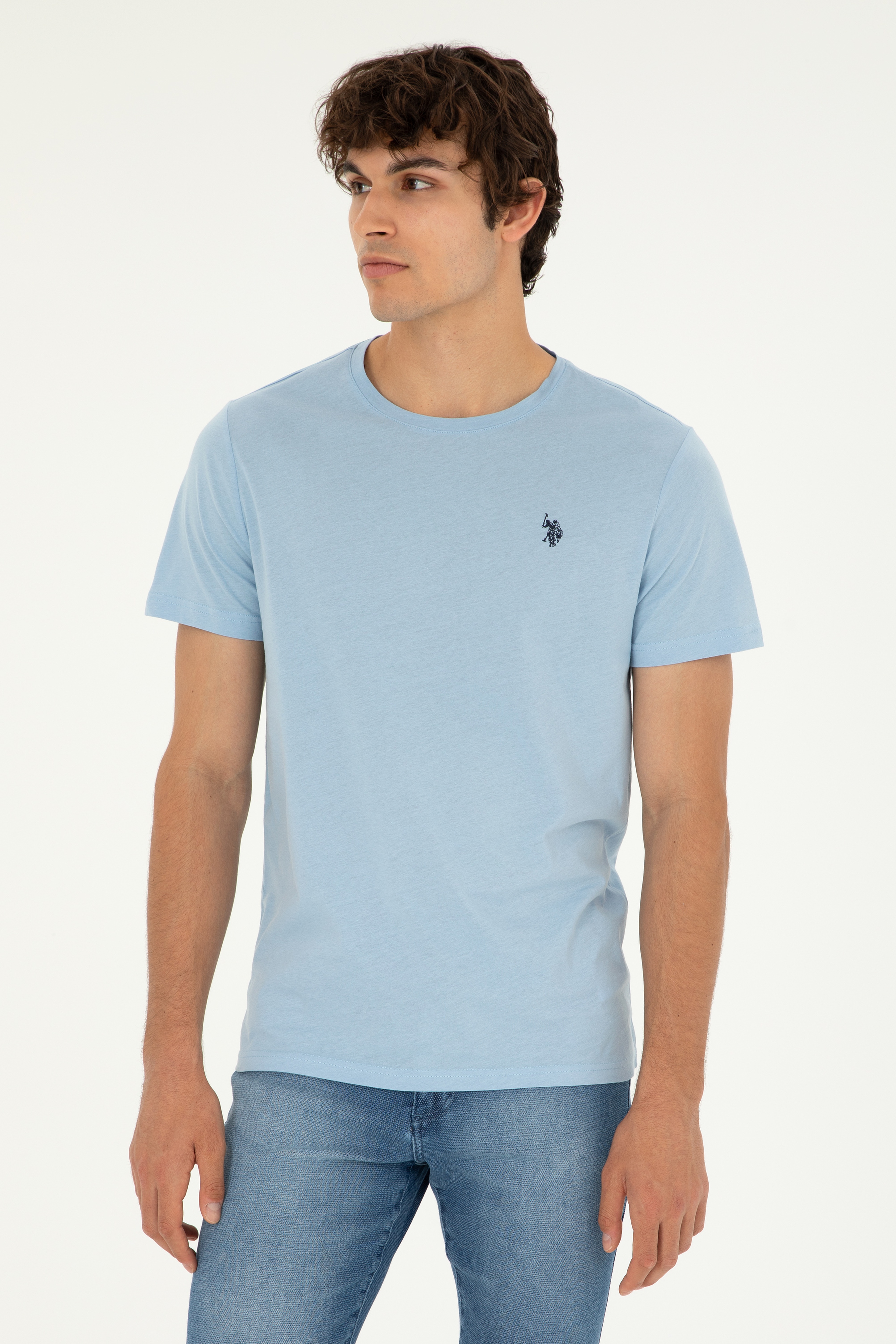Erkek Regular Fit Bisiklet Yaka Açık Mavi Basic Tişört