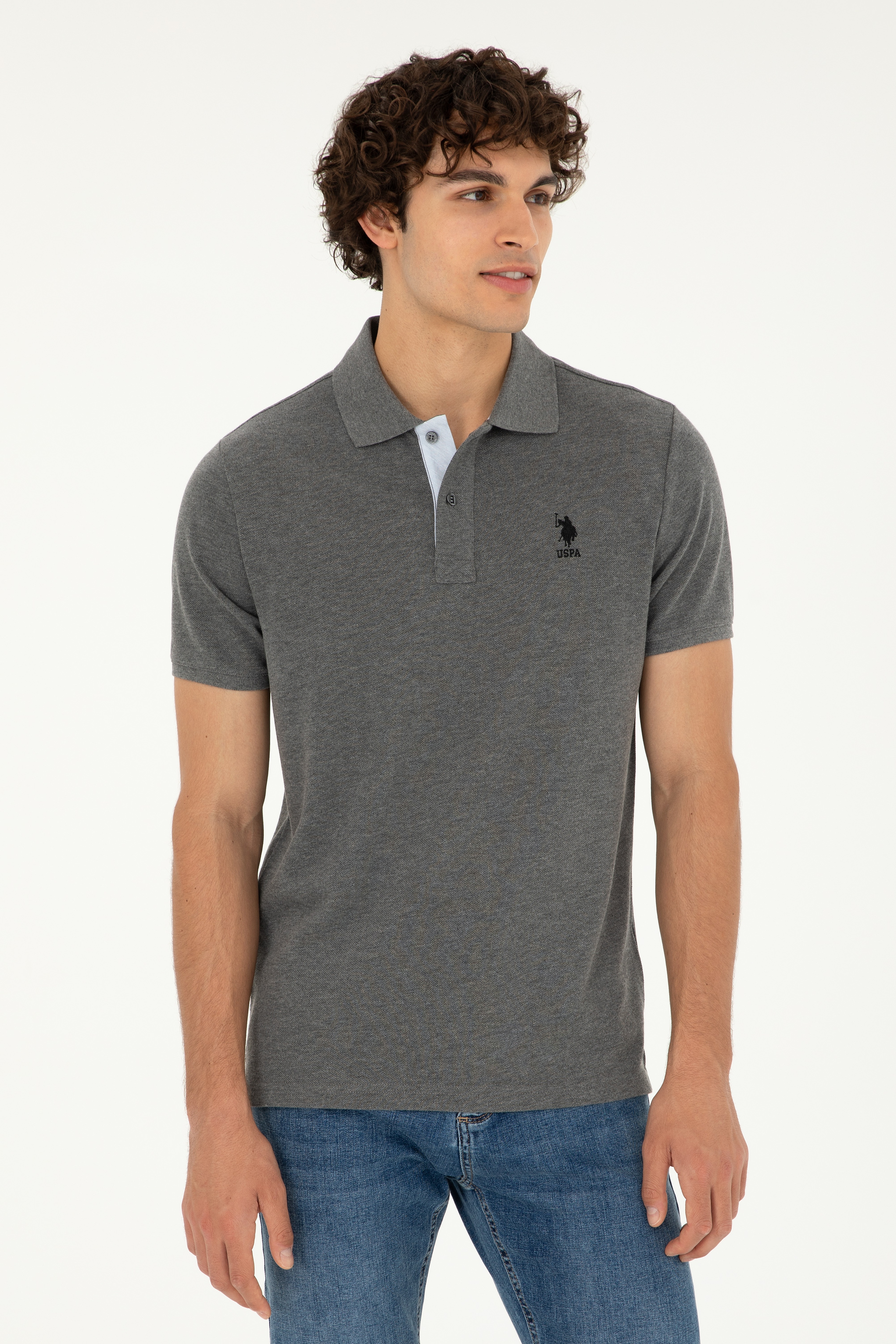 Erkek Regular Fit Polo Yaka Antrasit Melanj Basic Tişört - Image 1