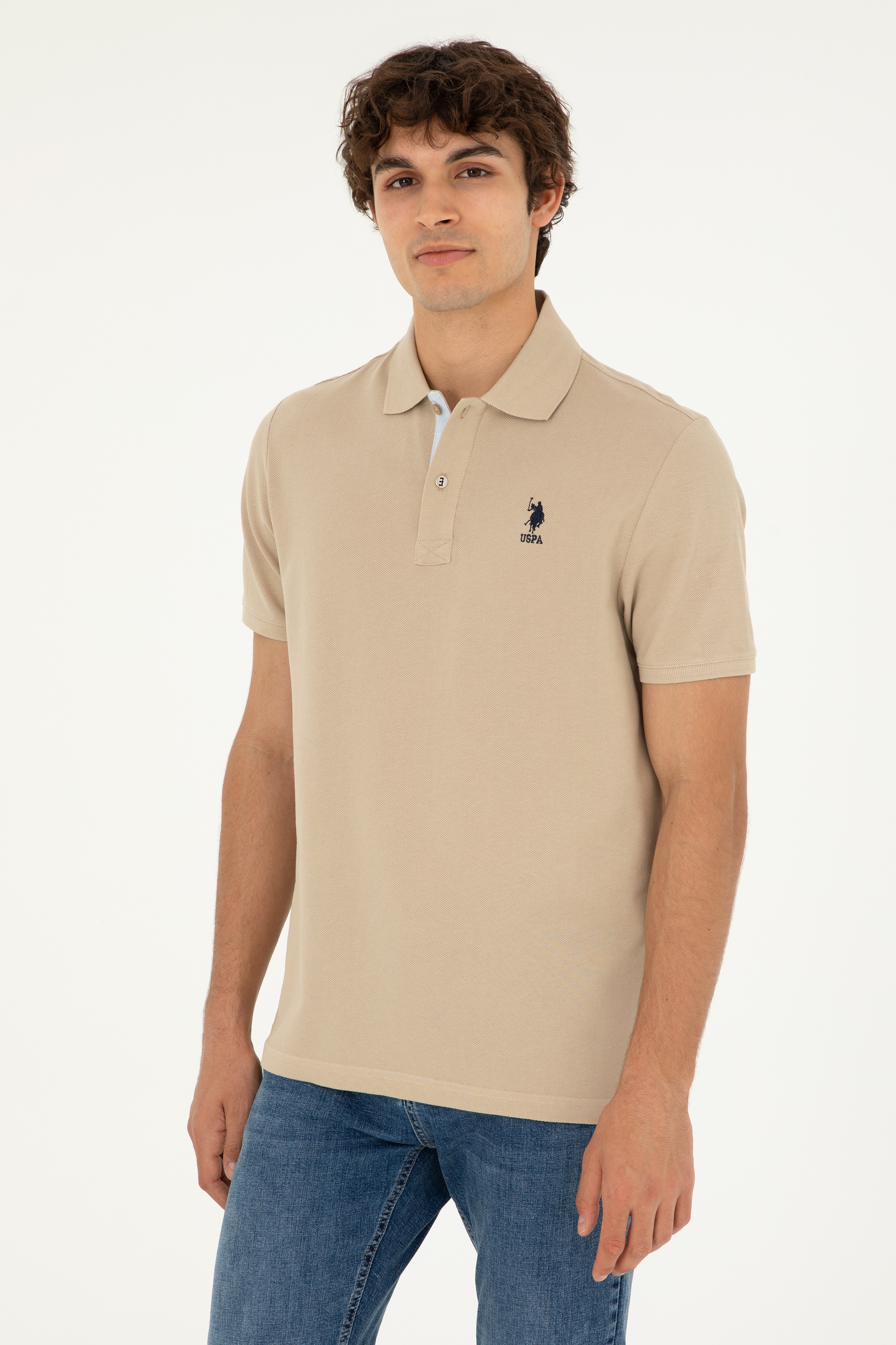 Erkek Regular Fit Polo Yaka Açık Haki Basic Tişört - Image 1