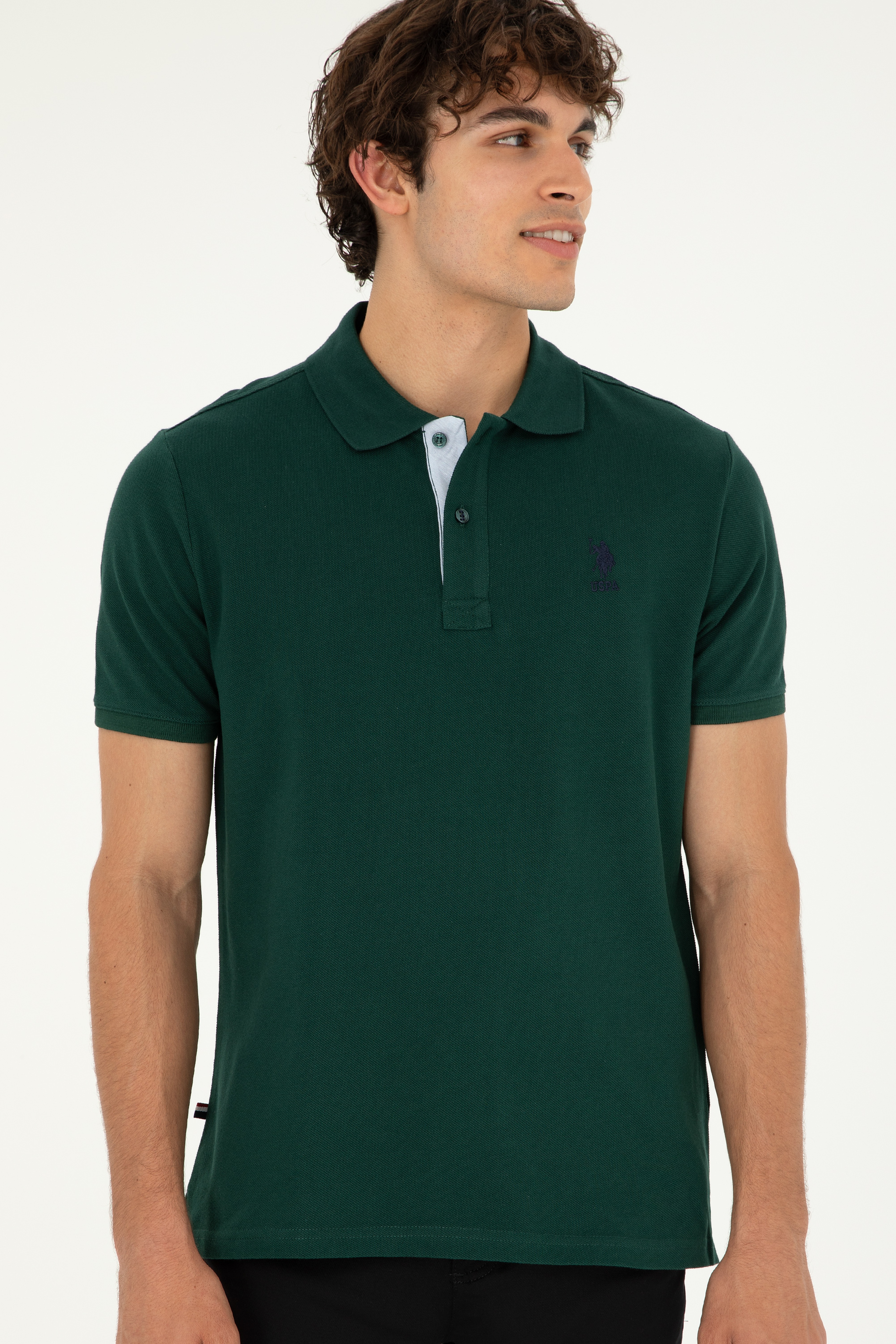 Erkek Regular Fit Polo Yaka Koyu Yeşil Basic Tişört