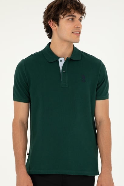 Erkek Regular Fit Polo Yaka Koyu Yeşil Basic Tişört