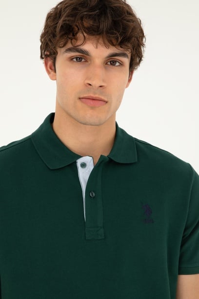 Erkek Regular Fit Polo Yaka Koyu Yeşil Basic Tişört