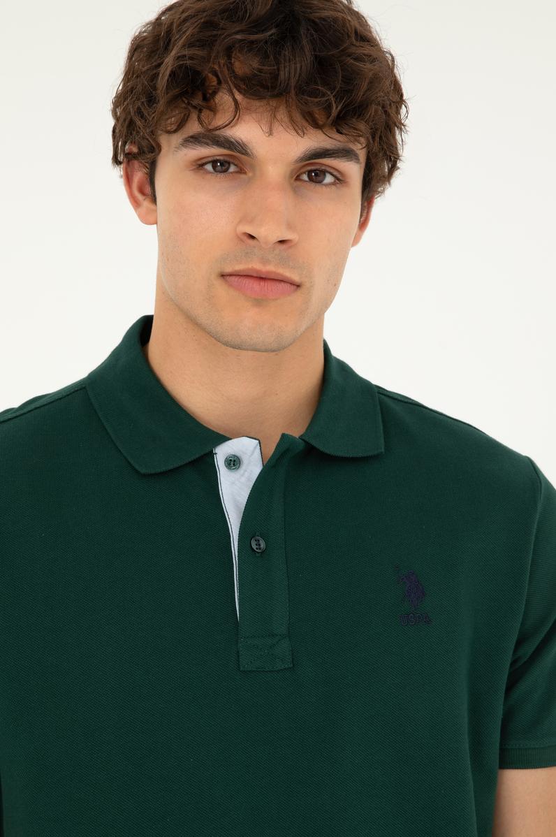 Erkek Regular Fit Polo Yaka Koyu Yeşil Basic Tişört