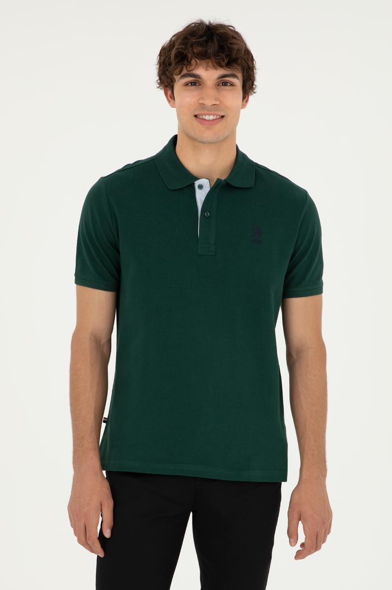 Erkek Regular Fit Polo Yaka Koyu Yeşil Basic Tişört