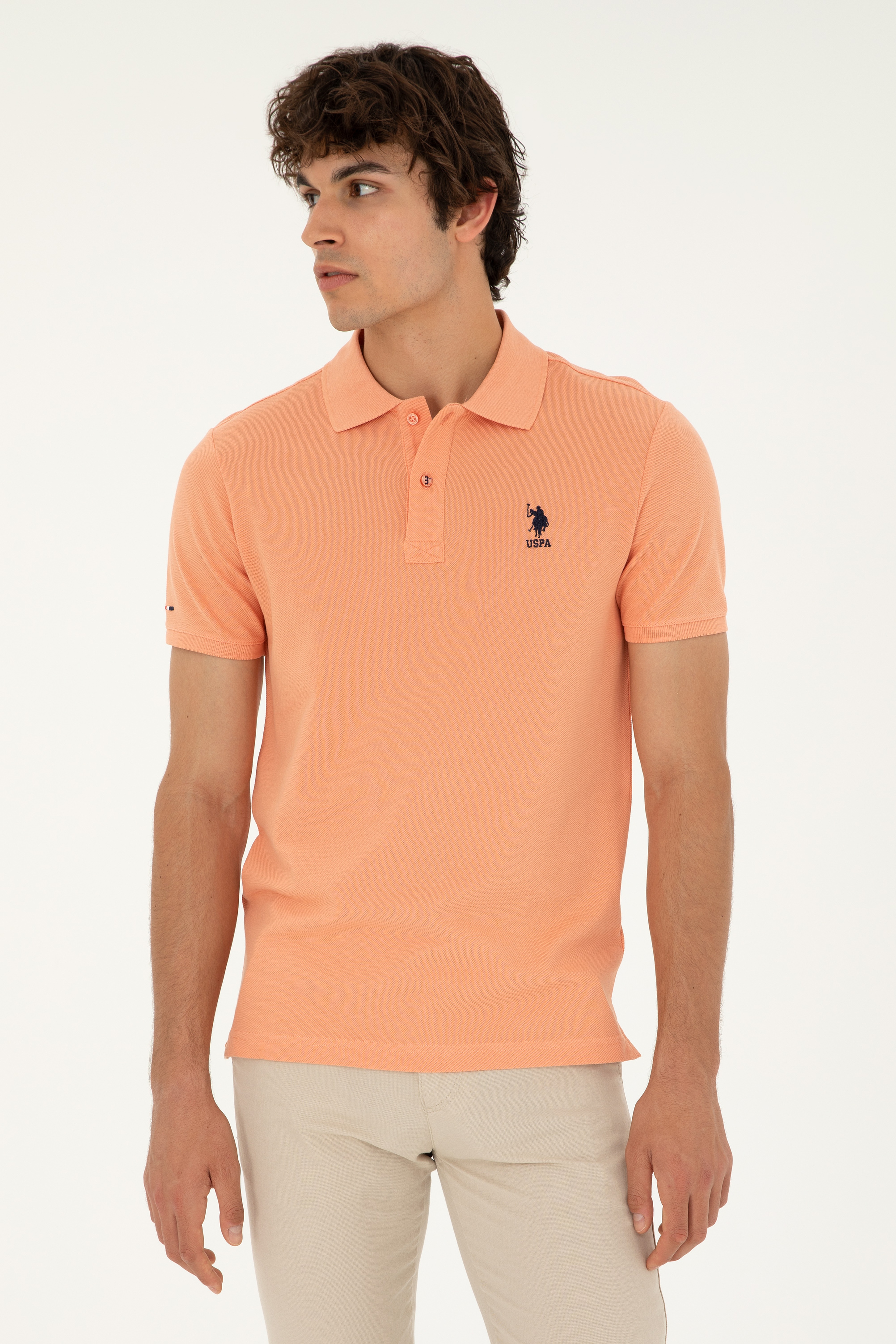 Erkek Slim Fit Polo Yaka Somon Basic Tişört - Image 3
