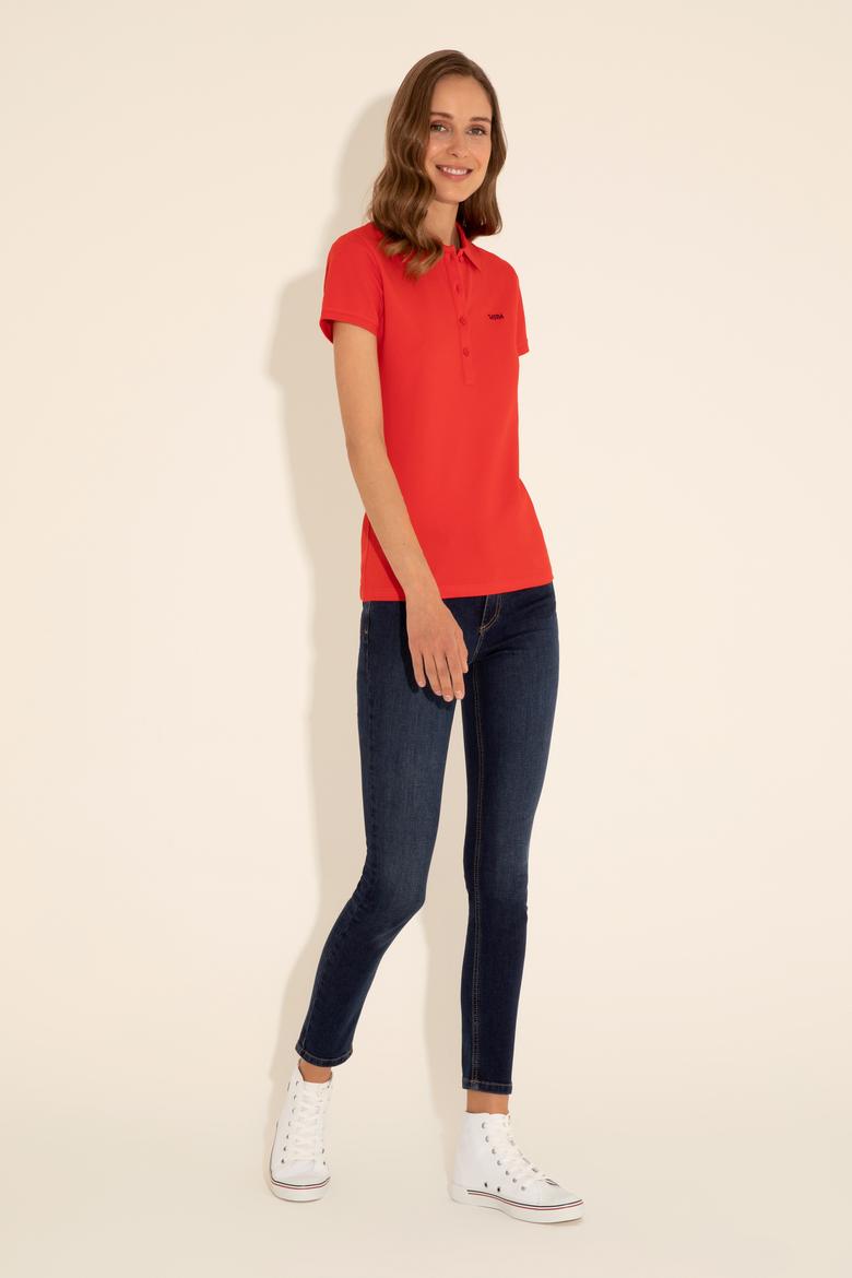 Kadın Kırmızı Basic Polo Yaka Tişört - 50285846089