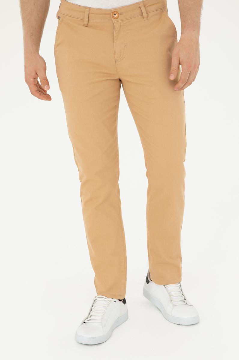 Erkek Slim Fit Camel Kanvas Pantolon