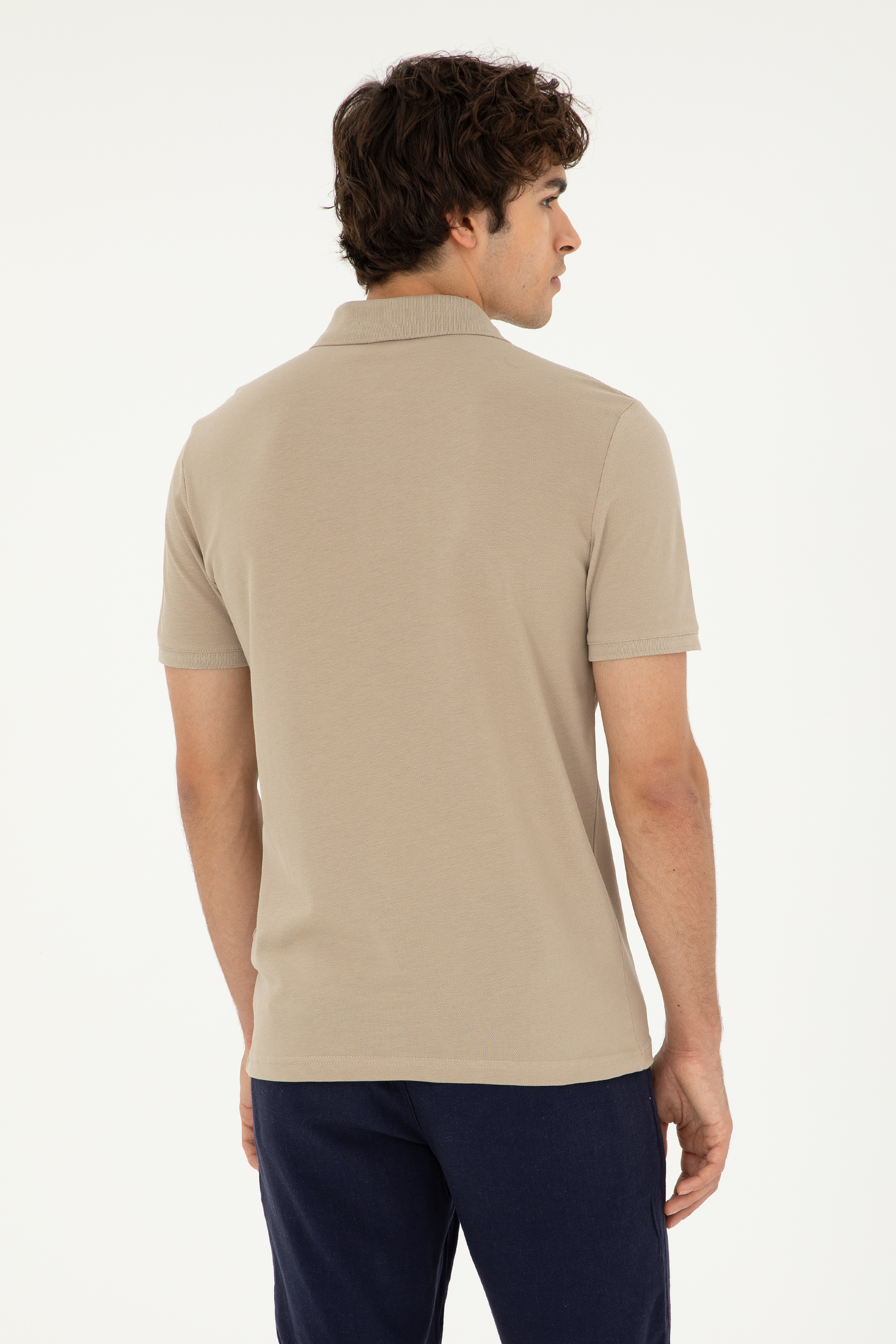 Erkek Slim Fit Polo Yaka Açık Haki Basic Tişört - Image 5