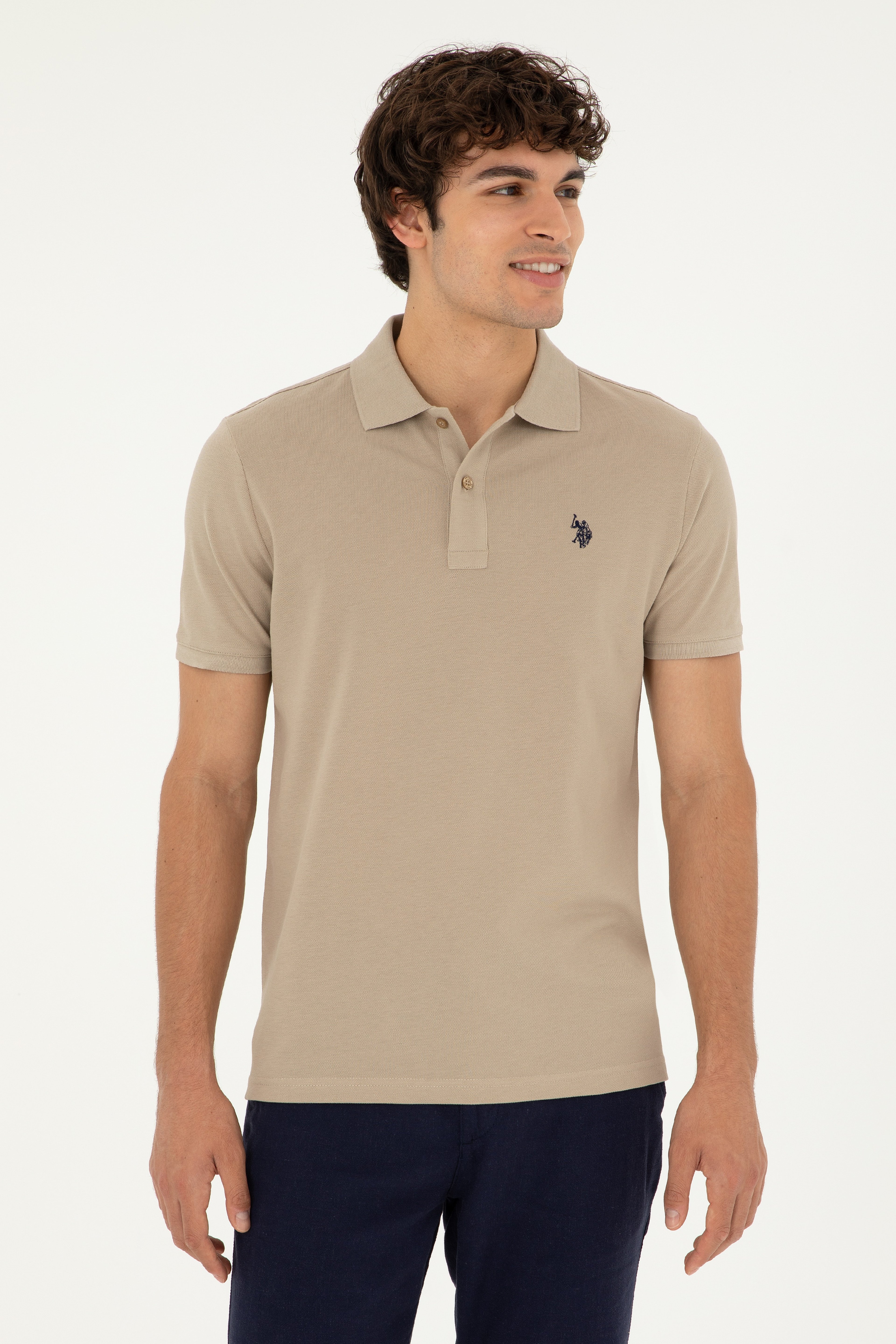 Erkek Slim Fit Polo Yaka Açık Haki Basic Tişört - Image 1