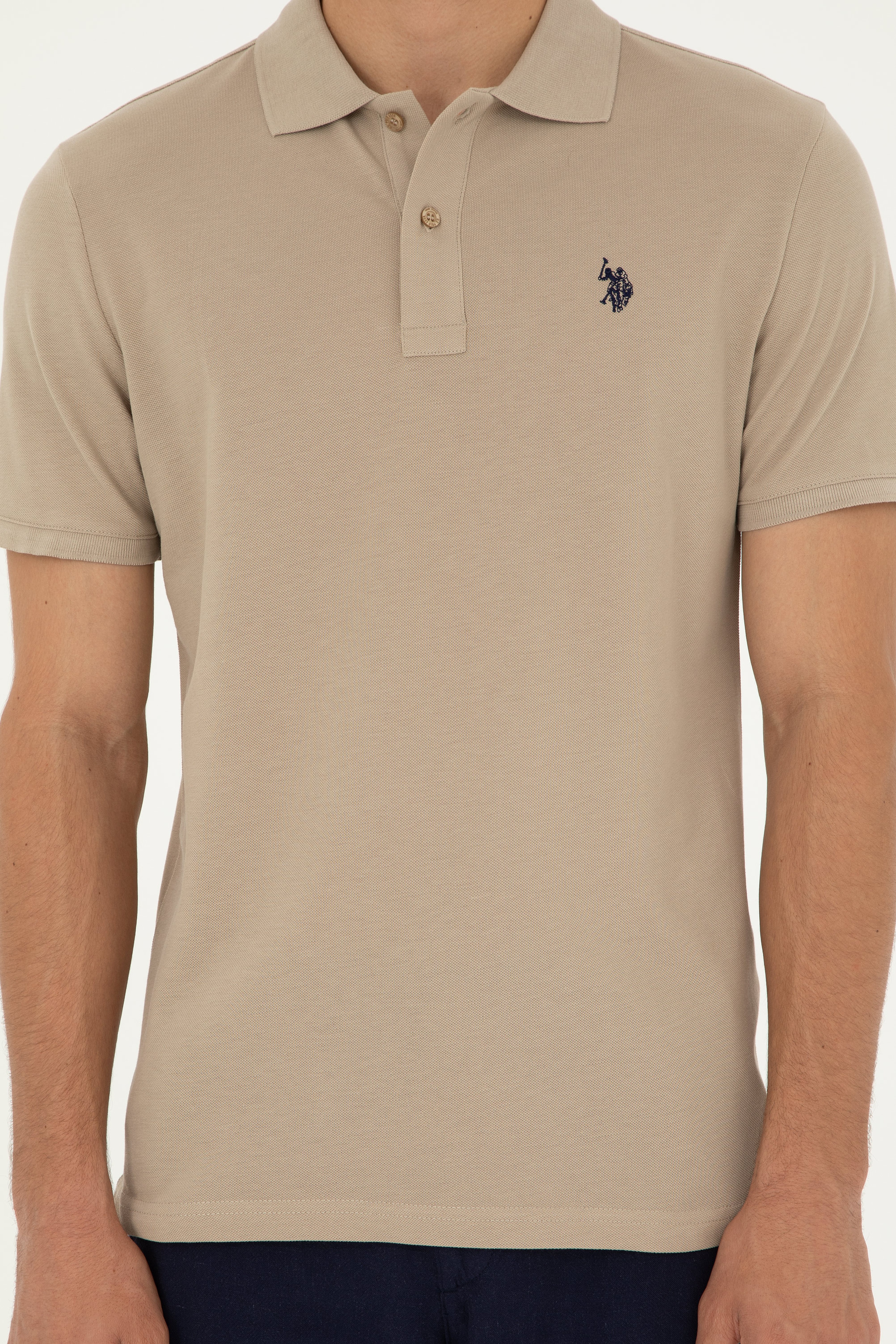 Erkek Slim Fit Polo Yaka Açık Haki Basic Tişört
