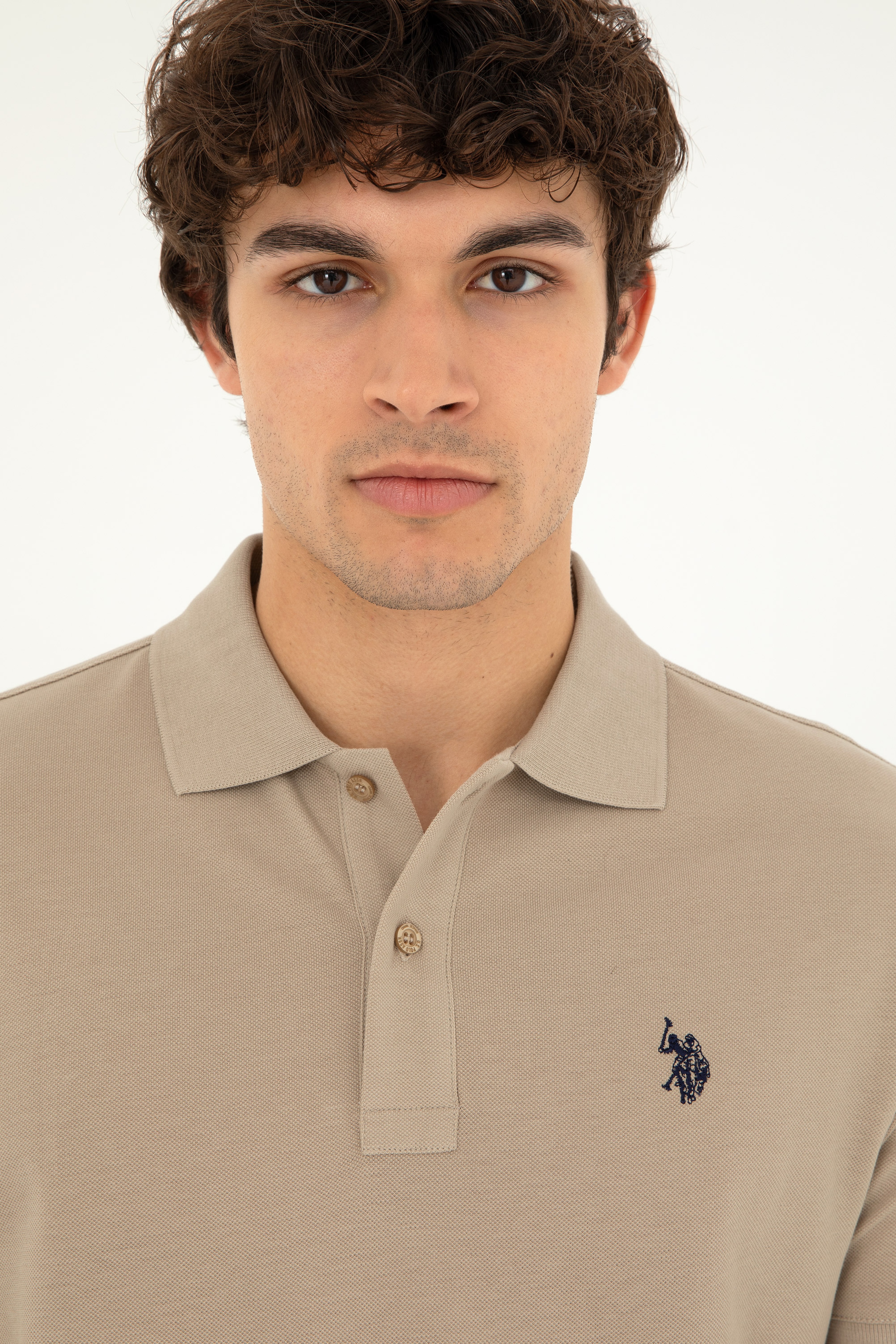 Erkek Slim Fit Polo Yaka Açık Haki Basic Tişört