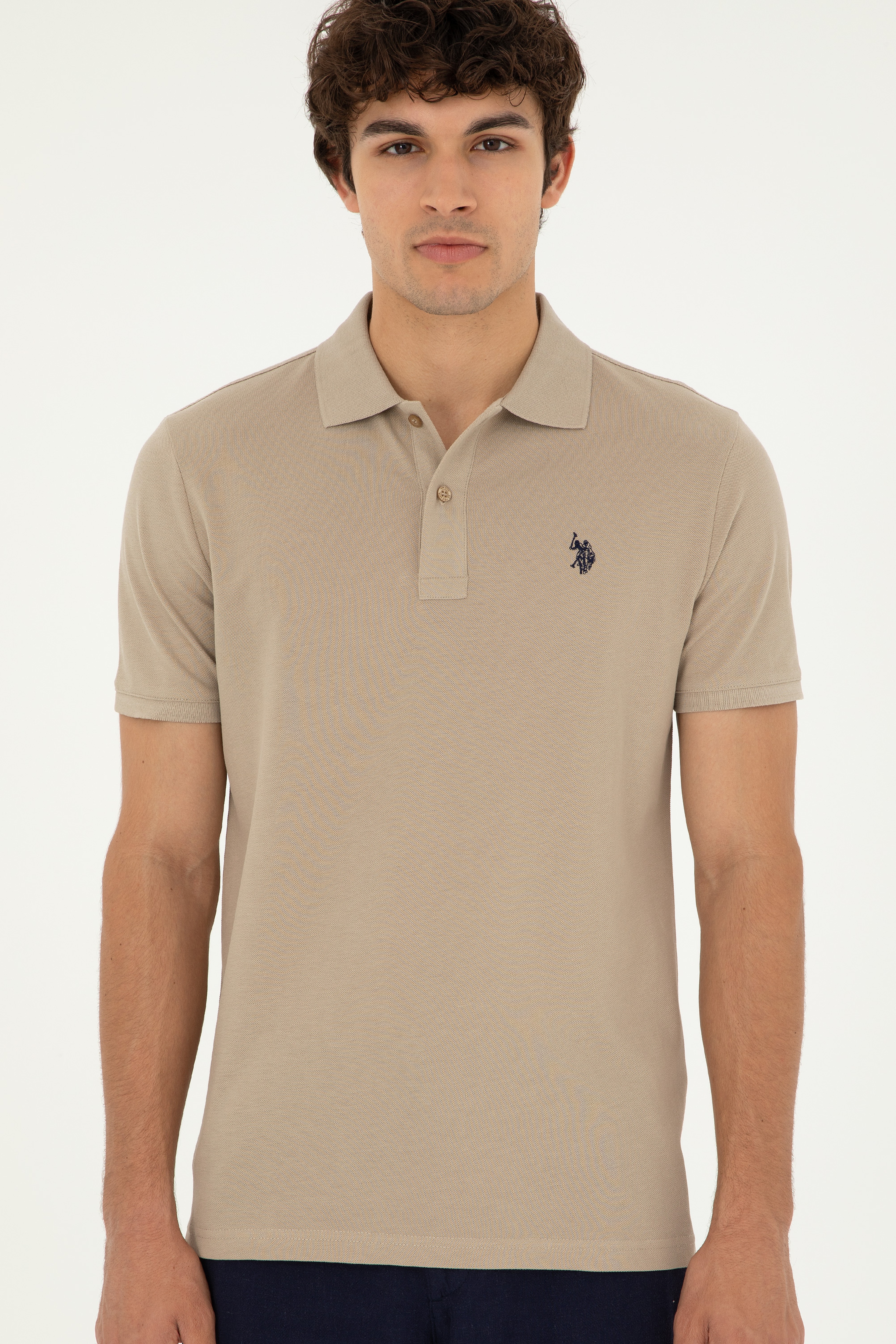 Erkek Slim Fit Polo Yaka Açık Haki Basic Tişört - Image 3