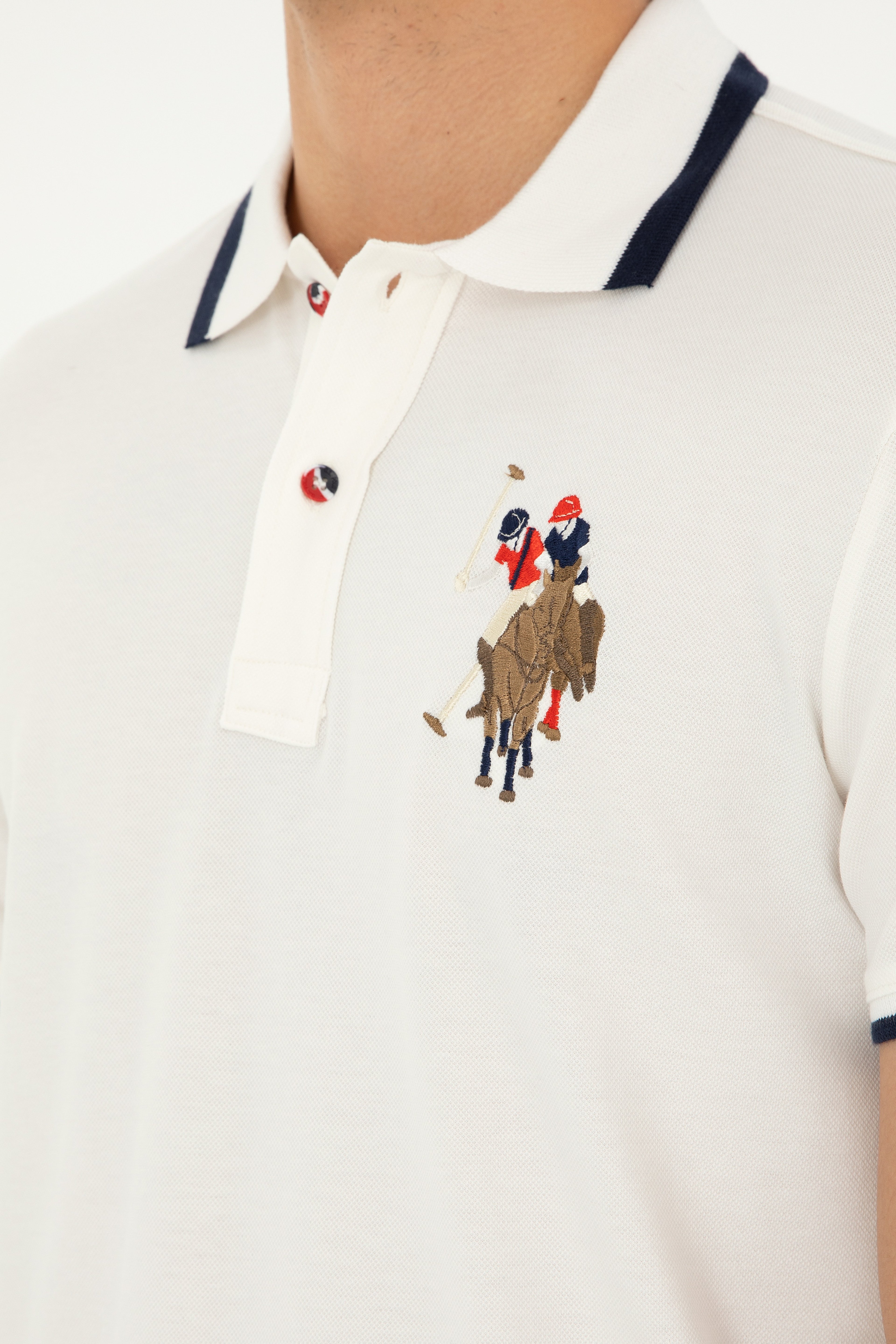 Erkek Slim Fit Polo Yaka Ekru Basic Tişört - Image 7