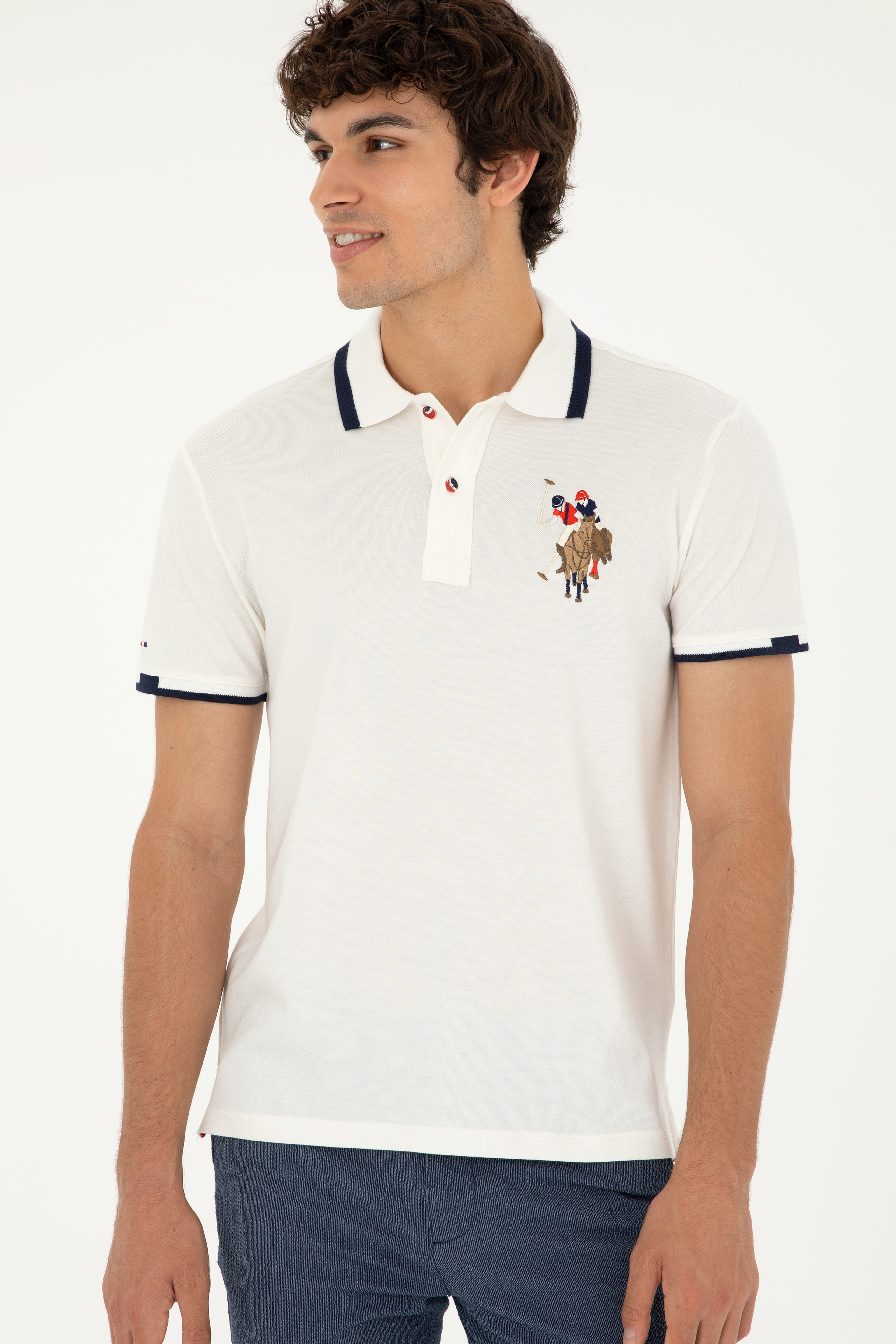 Erkek Slim Fit Polo Yaka Ekru Basic Tişört - Image 1