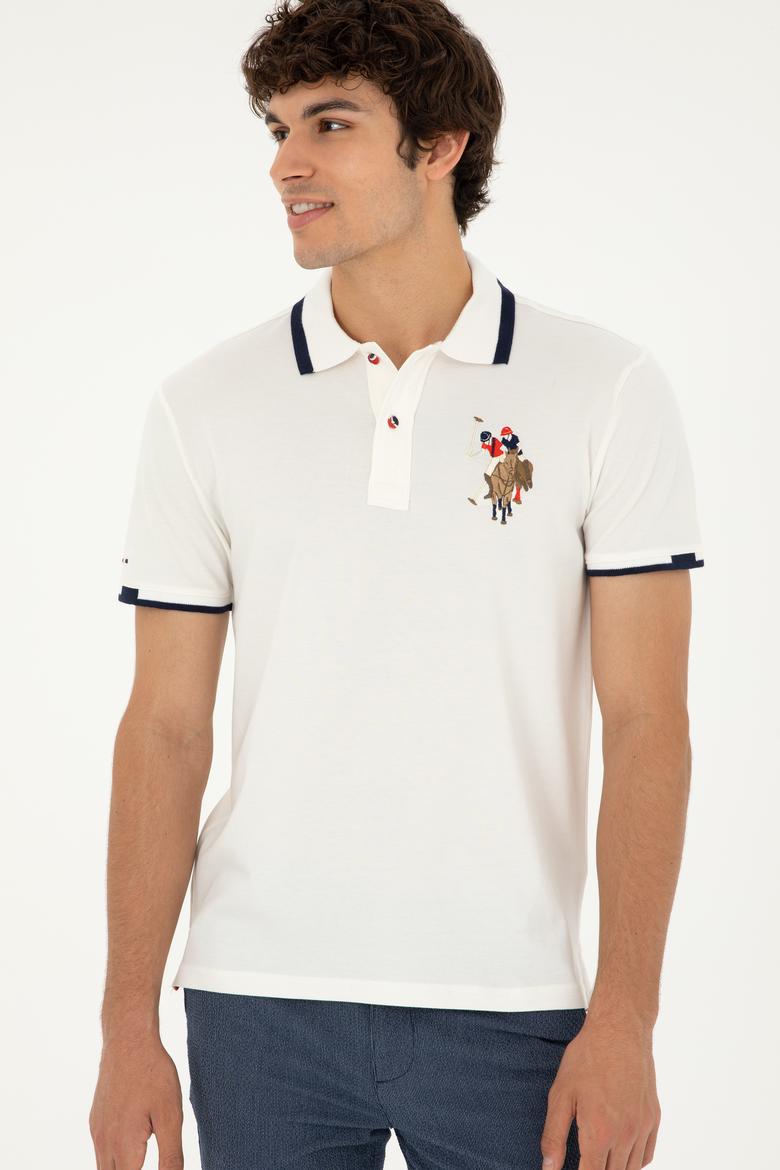 Erkek Slim Fit Polo Yaka Ekru Basic Tişört