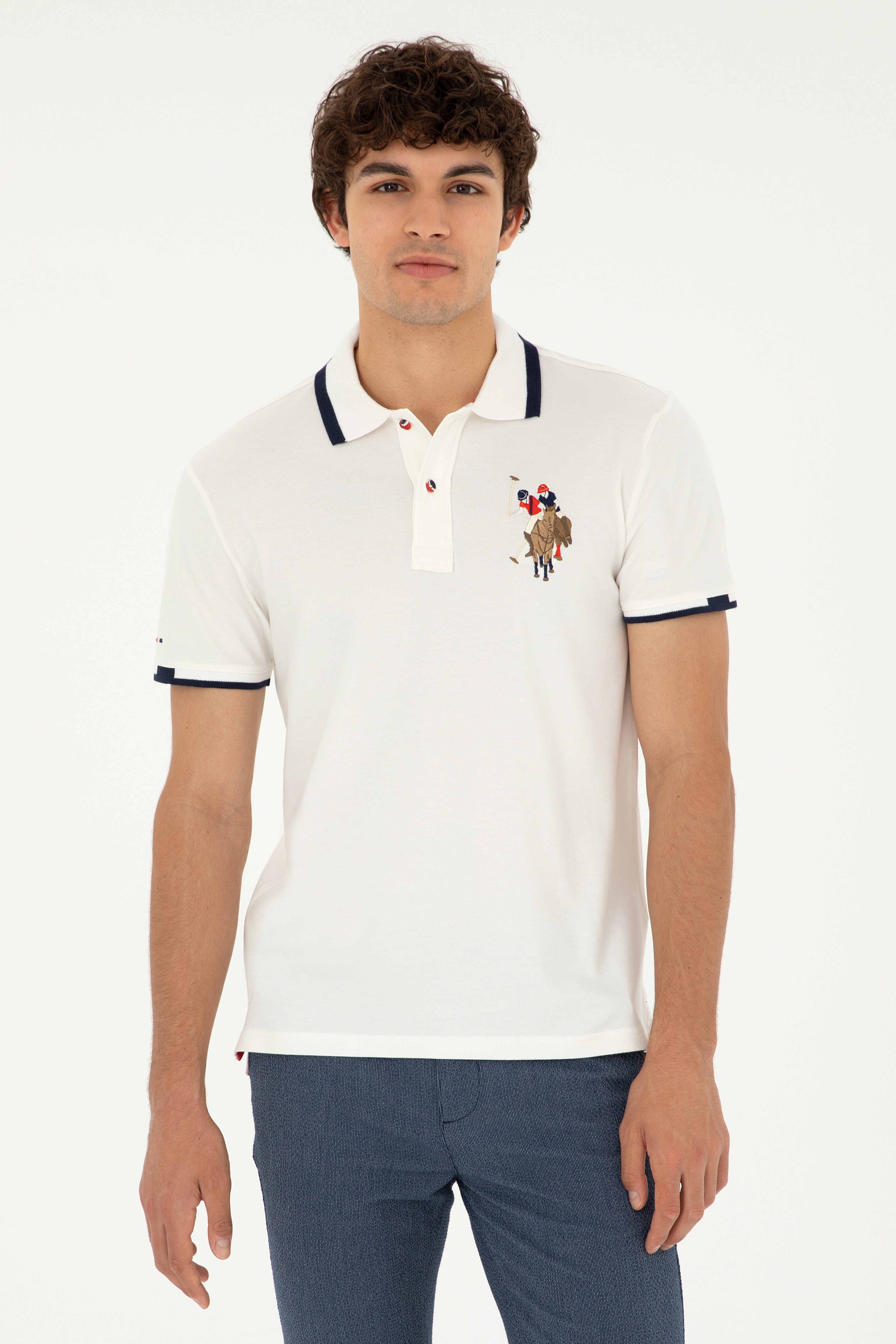Erkek Slim Fit Polo Yaka Ekru Basic Tişört - Image 3
