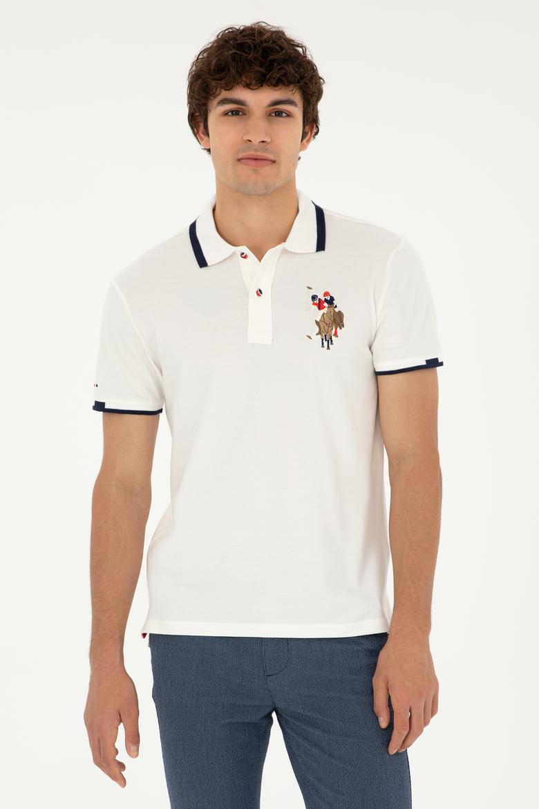 Erkek Slim Fit Polo Yaka Ekru Basic Tişört - 50279559008