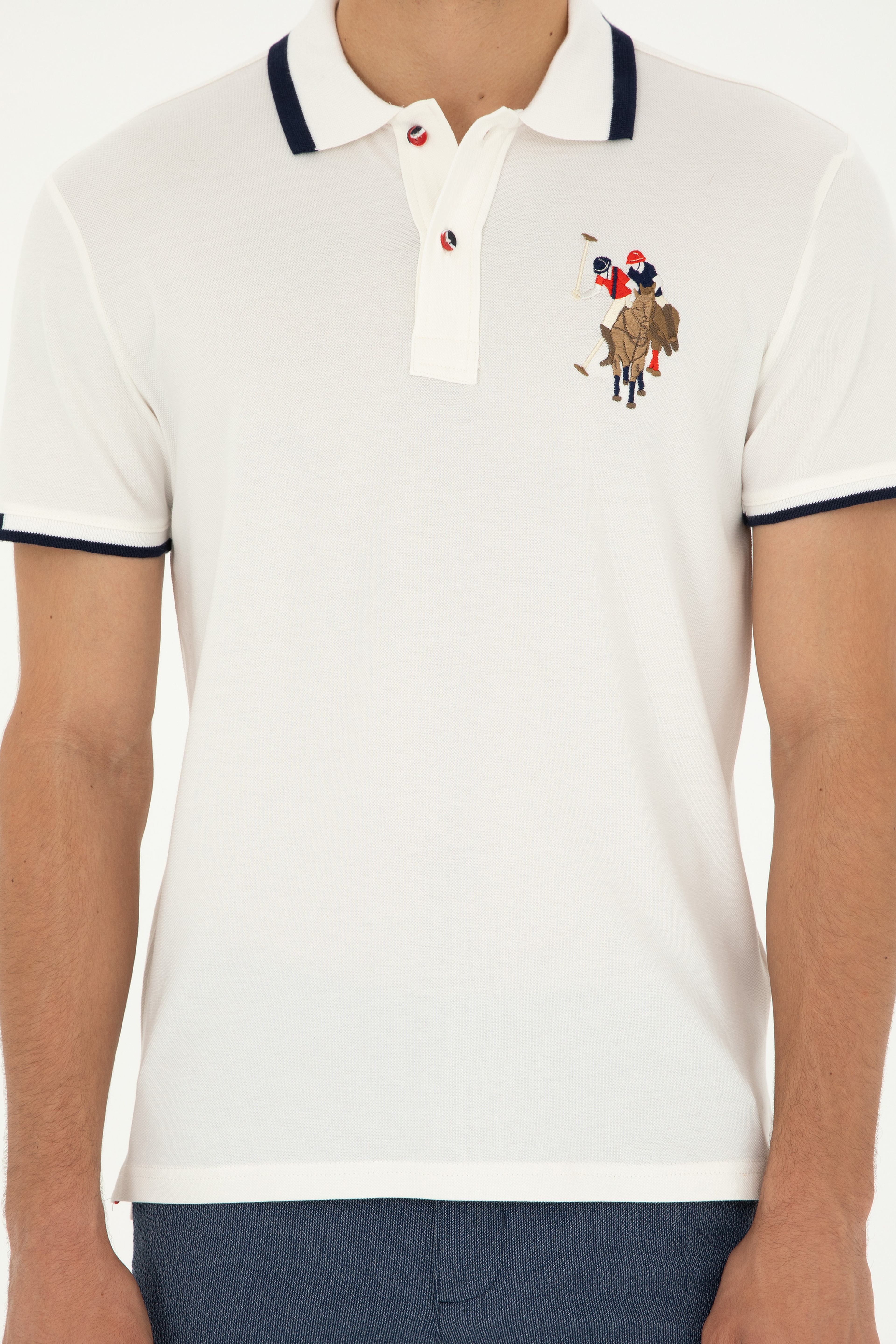 Erkek Slim Fit Polo Yaka Ekru Basic Tişört