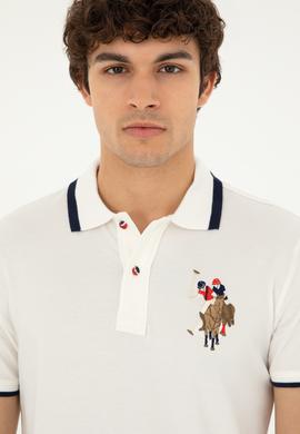 Erkek Slim Fit Polo Yaka Ekru Basic Tişört - 50279559008