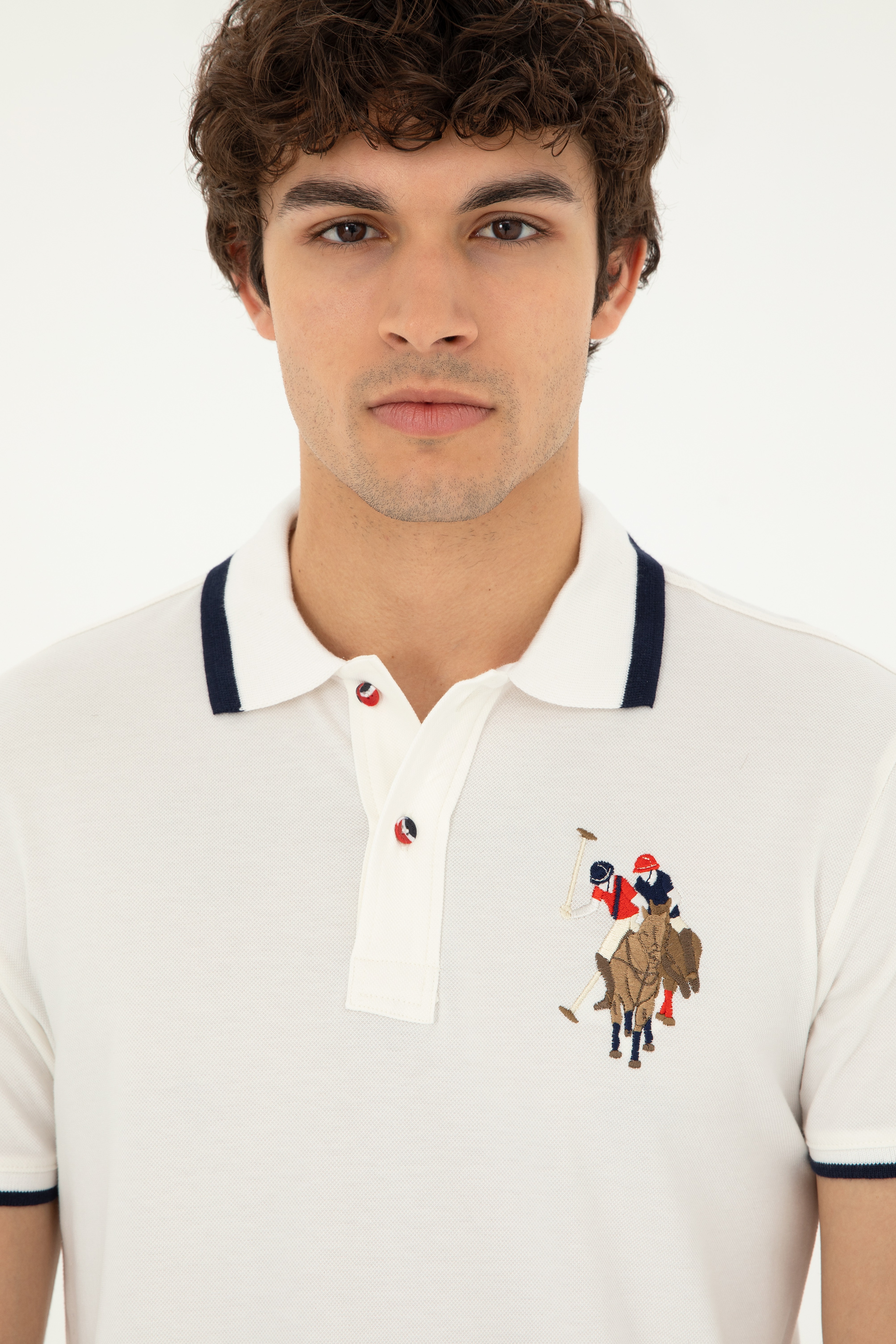 Erkek Slim Fit Polo Yaka Ekru Basic Tişört - Image 2
