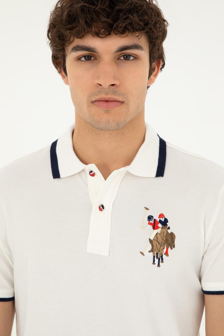 Erkek Slim Fit Polo Yaka Ekru Basic Tişört - 50279559008