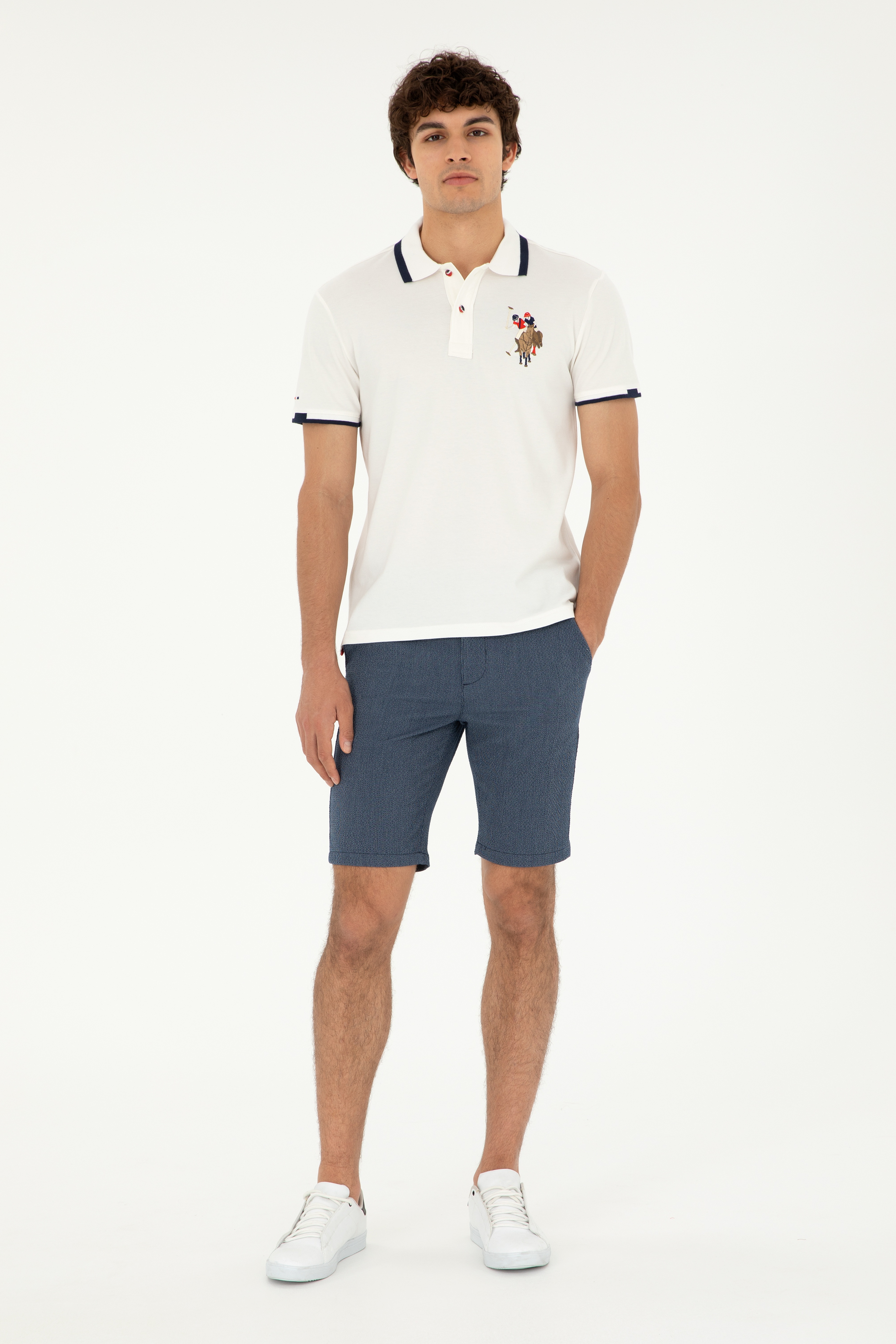 Erkek Slim Fit Polo Yaka Ekru Basic Tişört - Image 4