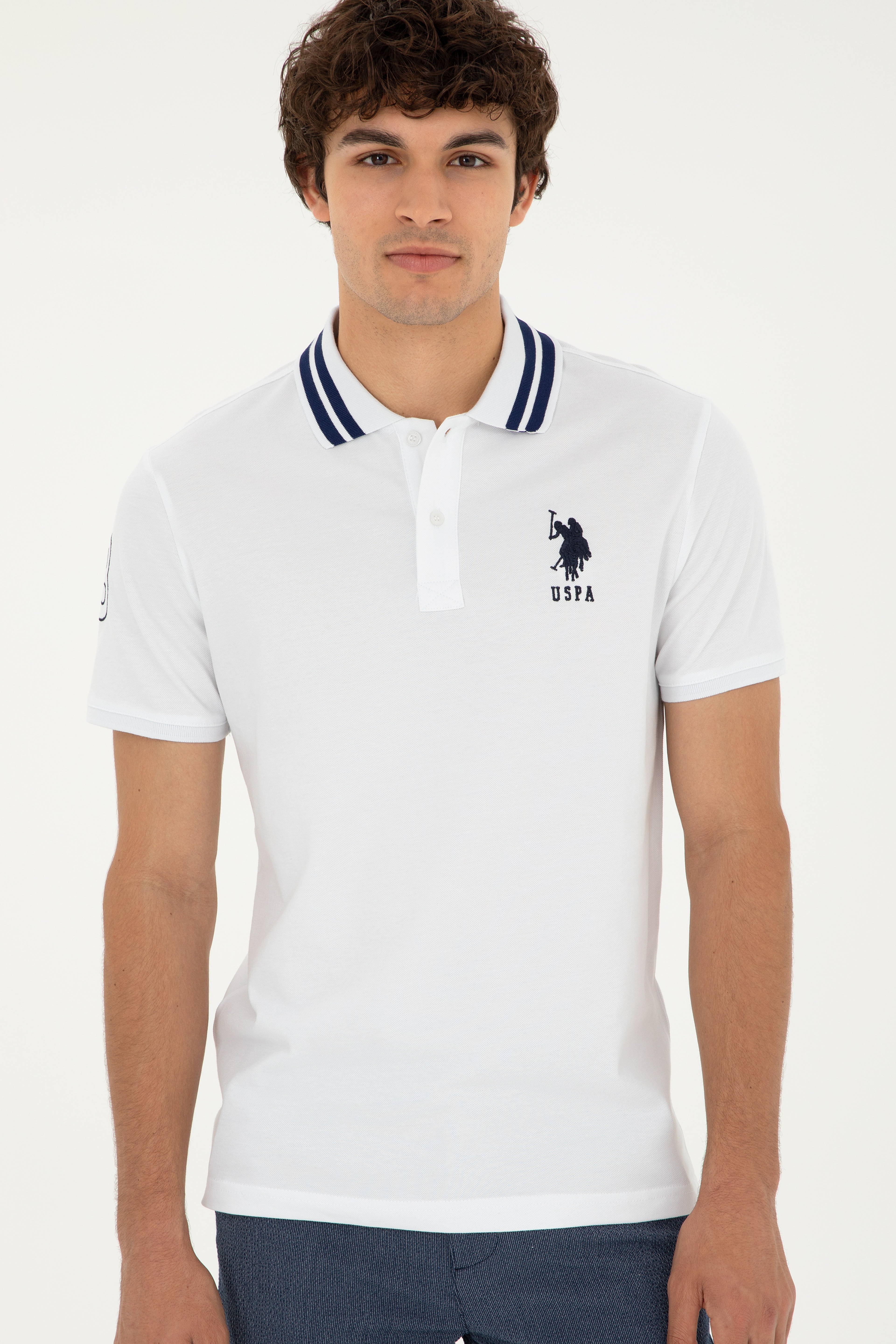 Erkek Slim Fit Polo Yaka Beyaz Basic Tişört - Image 3