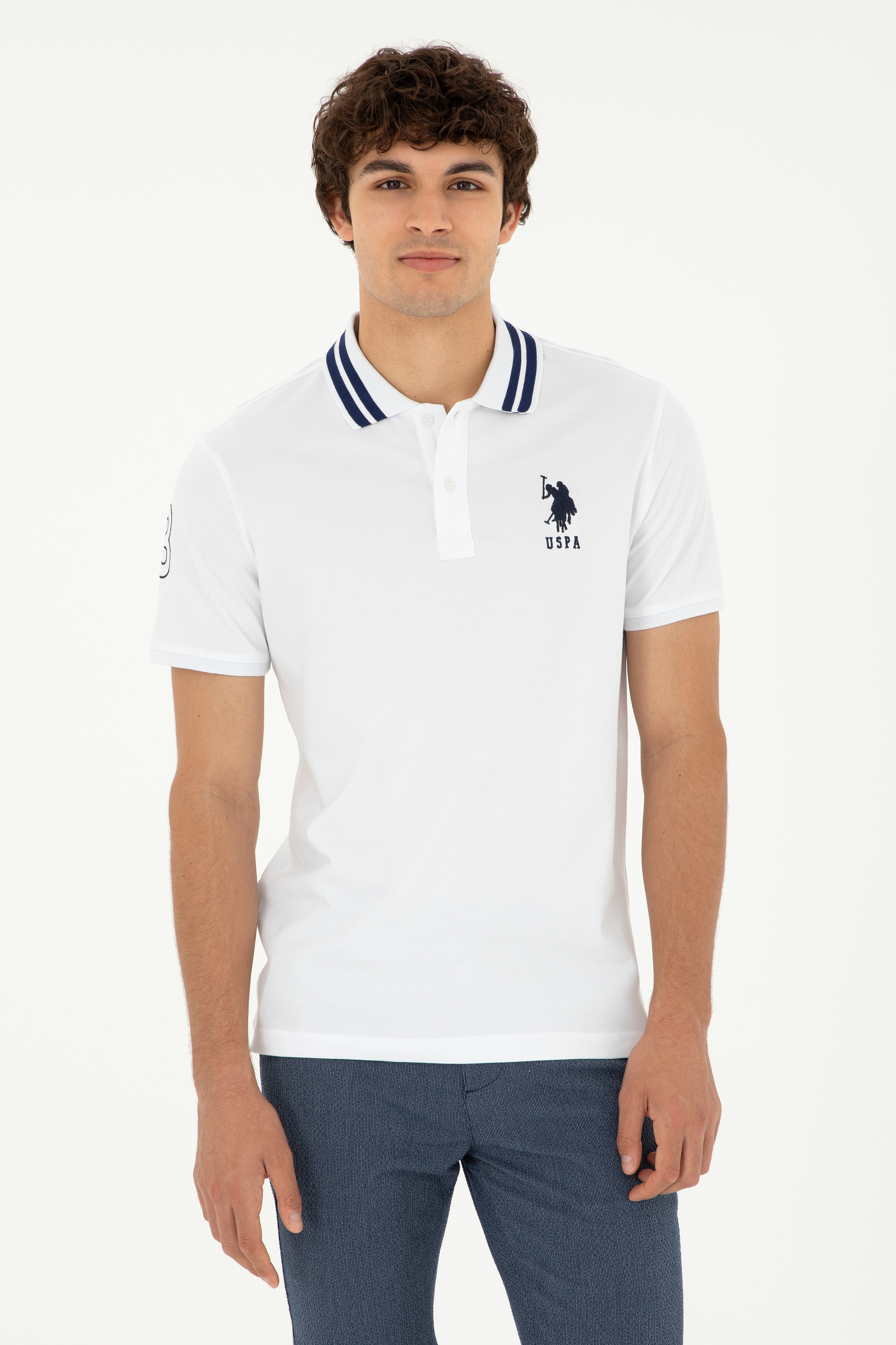 Erkek Slim Fit Polo Yaka Beyaz Basic Tişört - Image 1