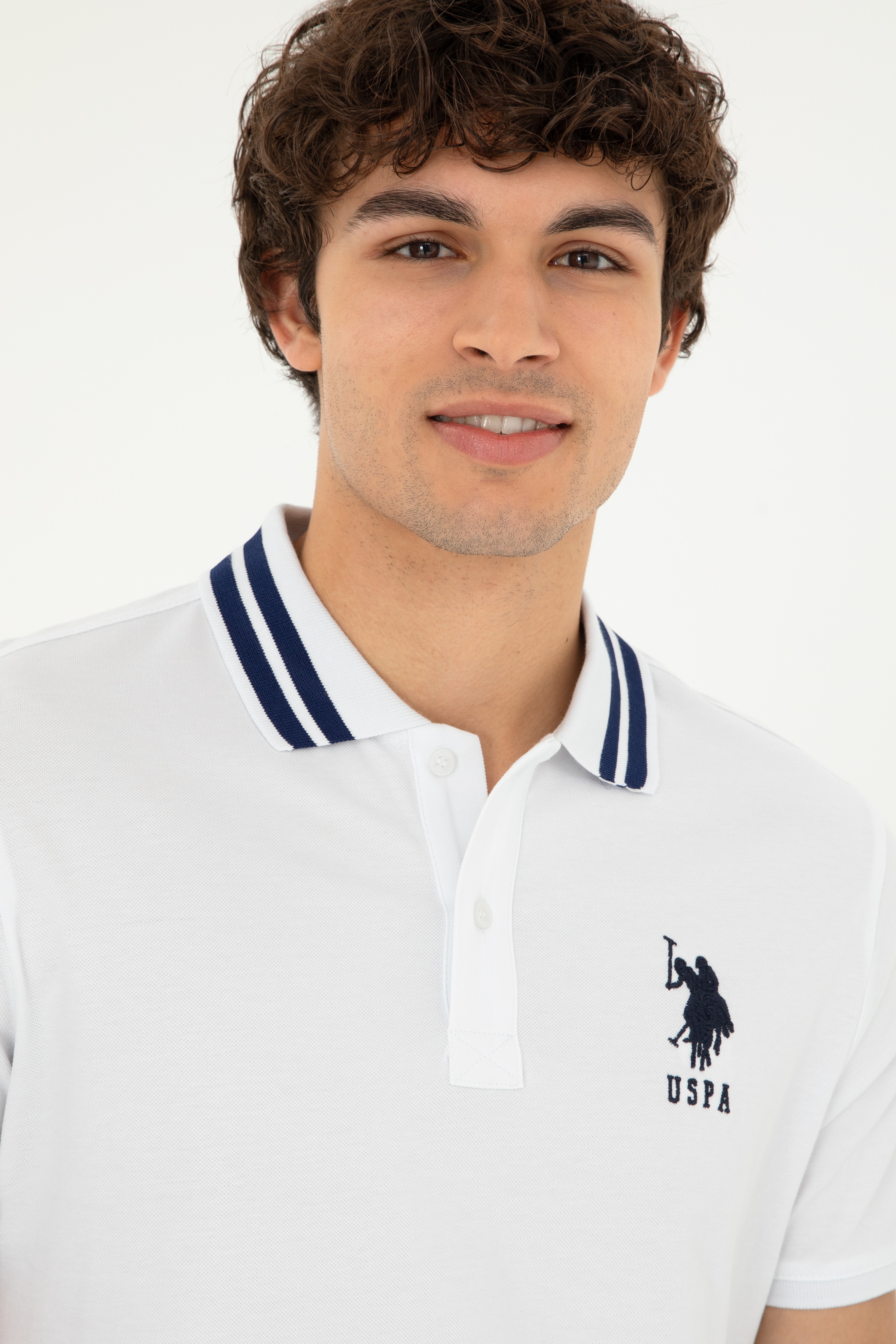 Erkek Slim Fit Polo Yaka Beyaz Basic Tişört - Image 2