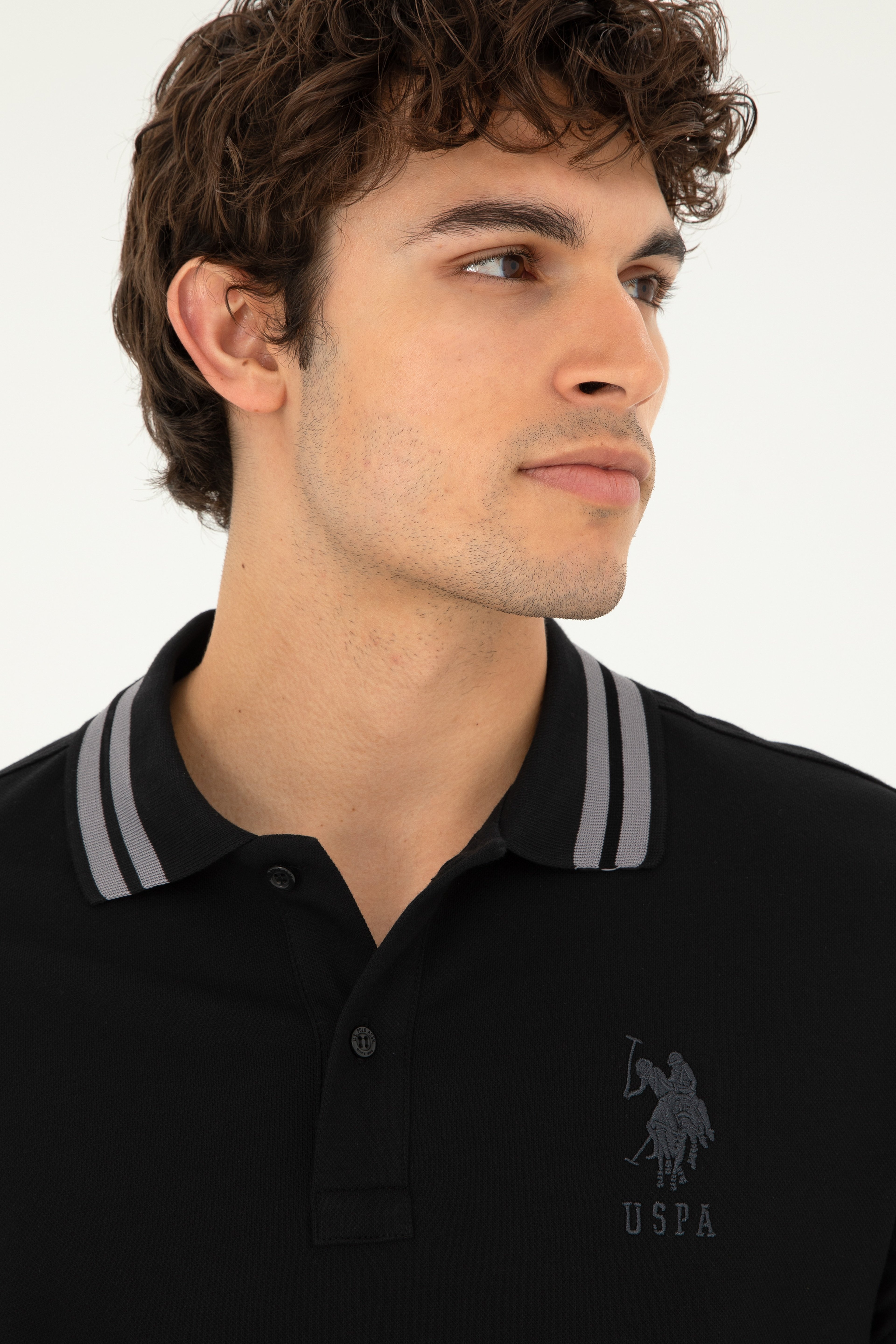 Erkek Slim Fit Polo Yaka Siyah Basic Tişört - Image 2