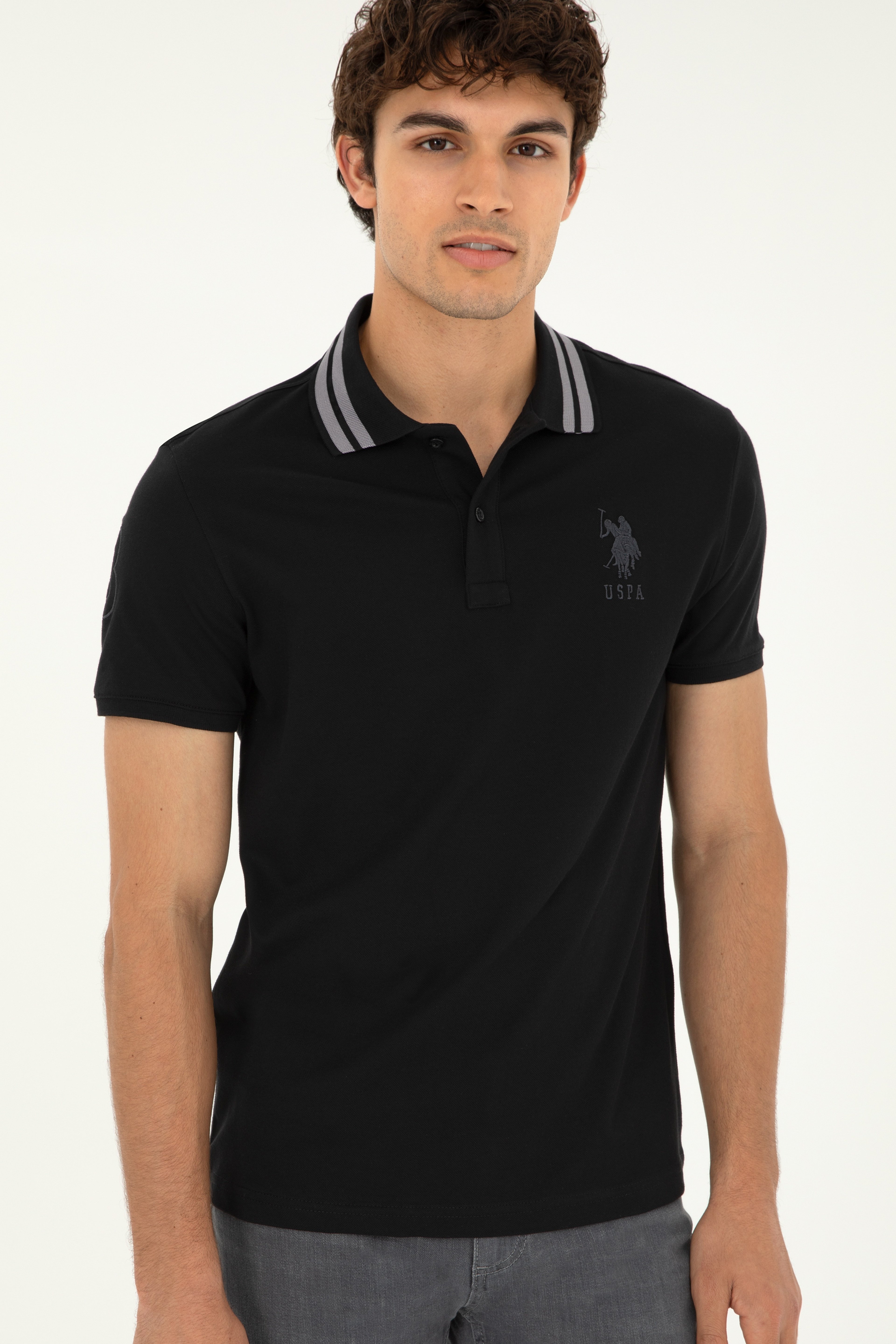 Erkek Slim Fit Polo Yaka Siyah Basic Tişört - Image 3
