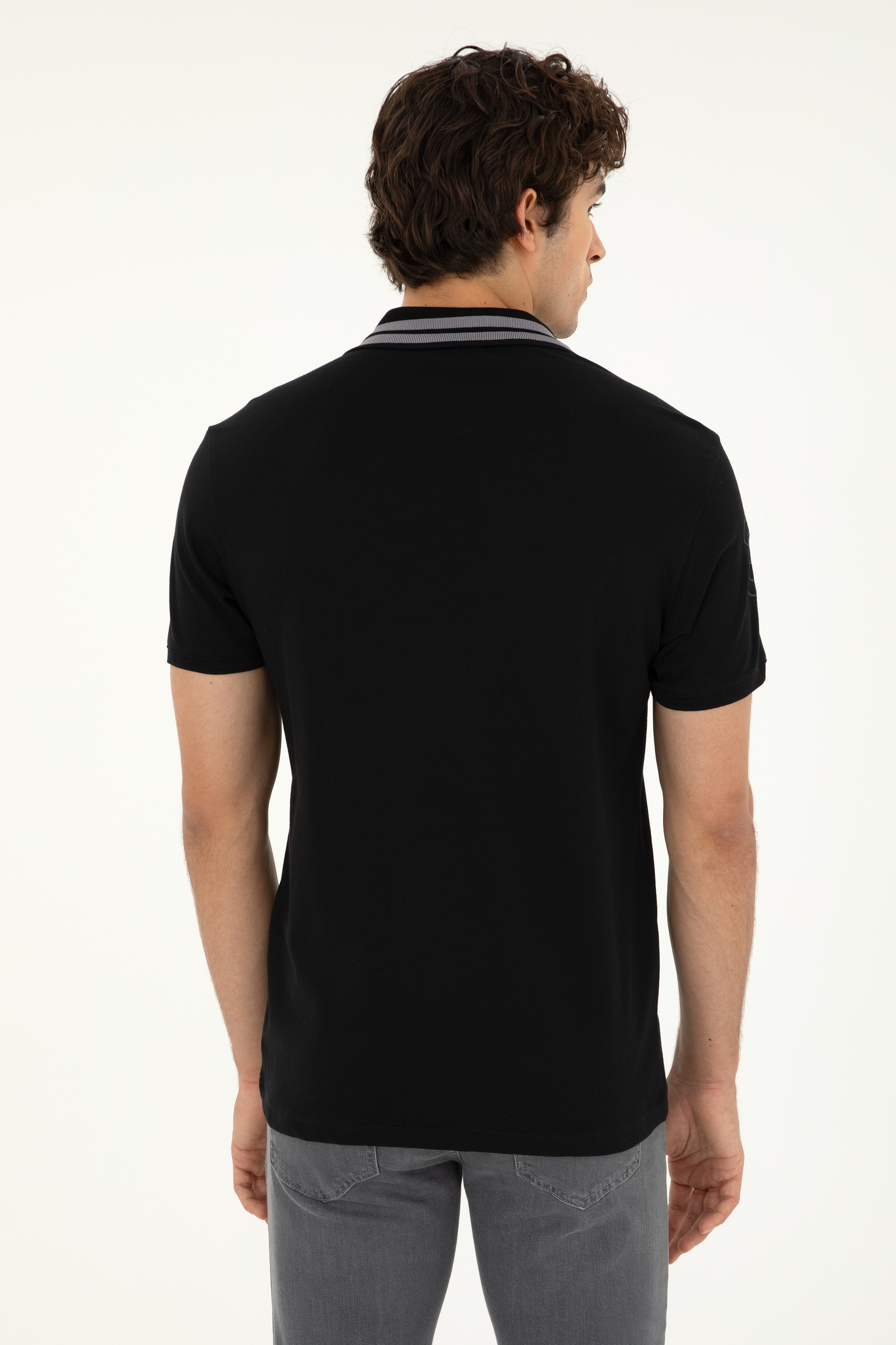 Erkek Slim Fit Polo Yaka Siyah Basic Tişört - Image 5