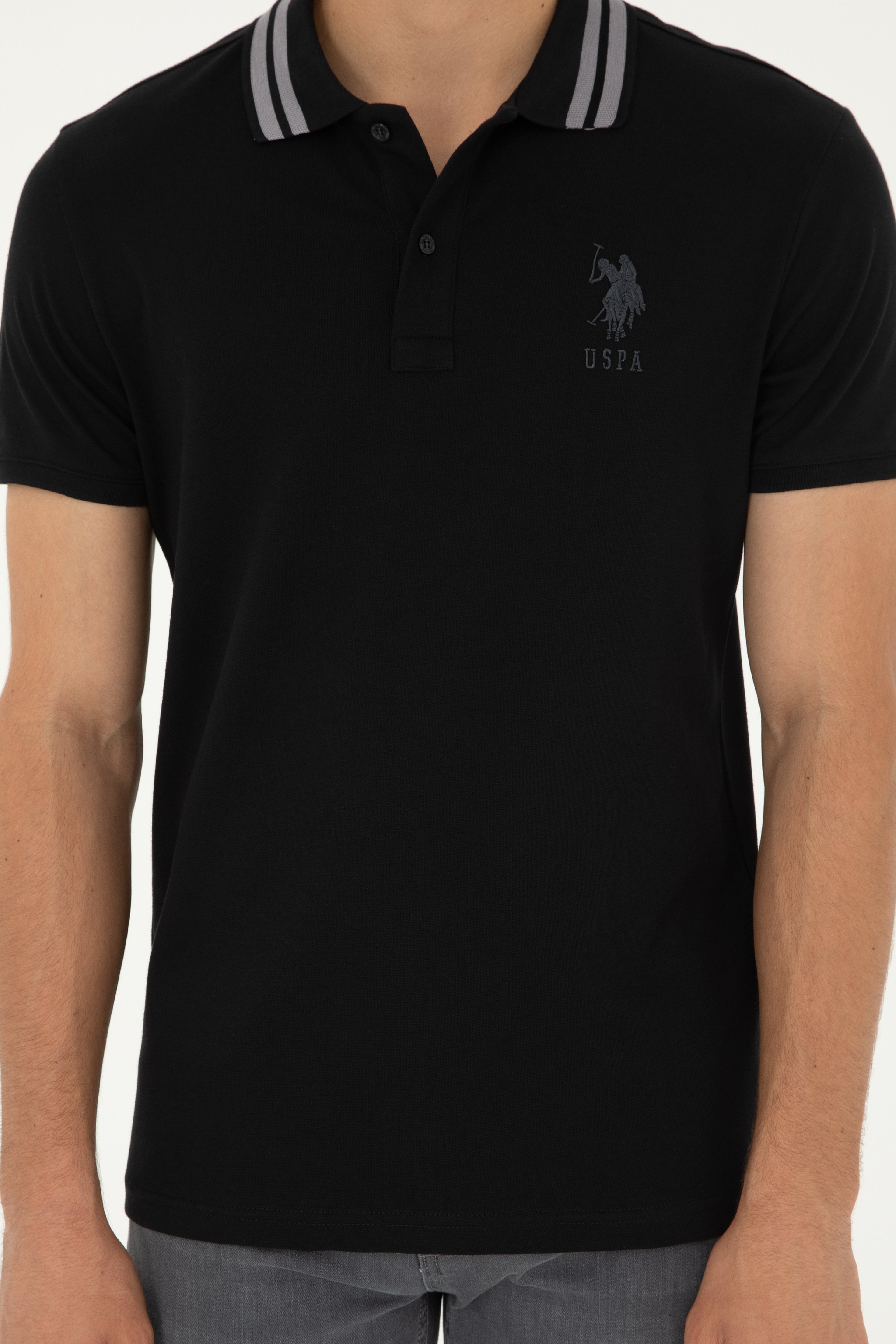 Erkek Slim Fit Polo Yaka Siyah Basic Tişört - Image 6
