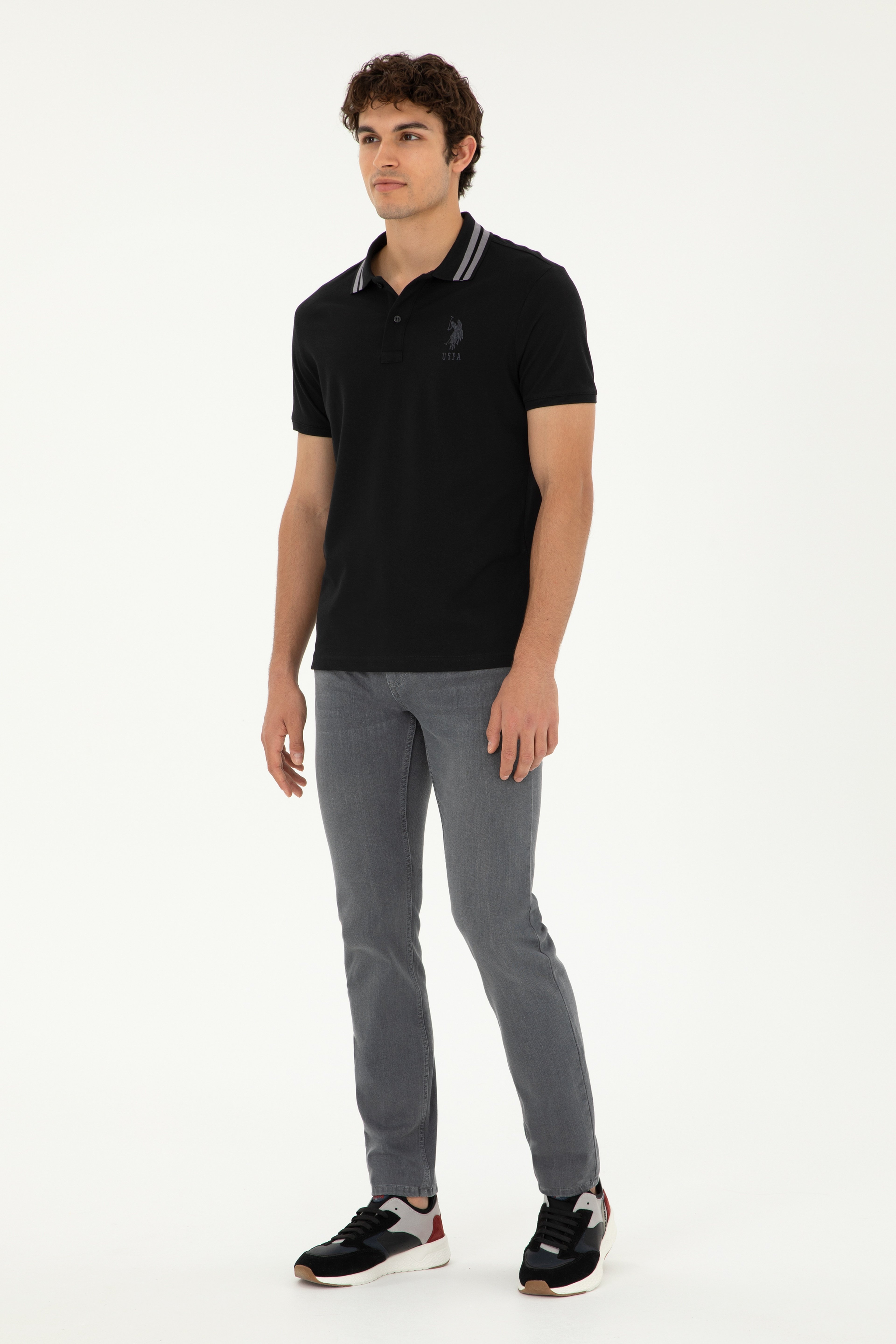 Erkek Slim Fit Polo Yaka Siyah Basic Tişört - Image 4