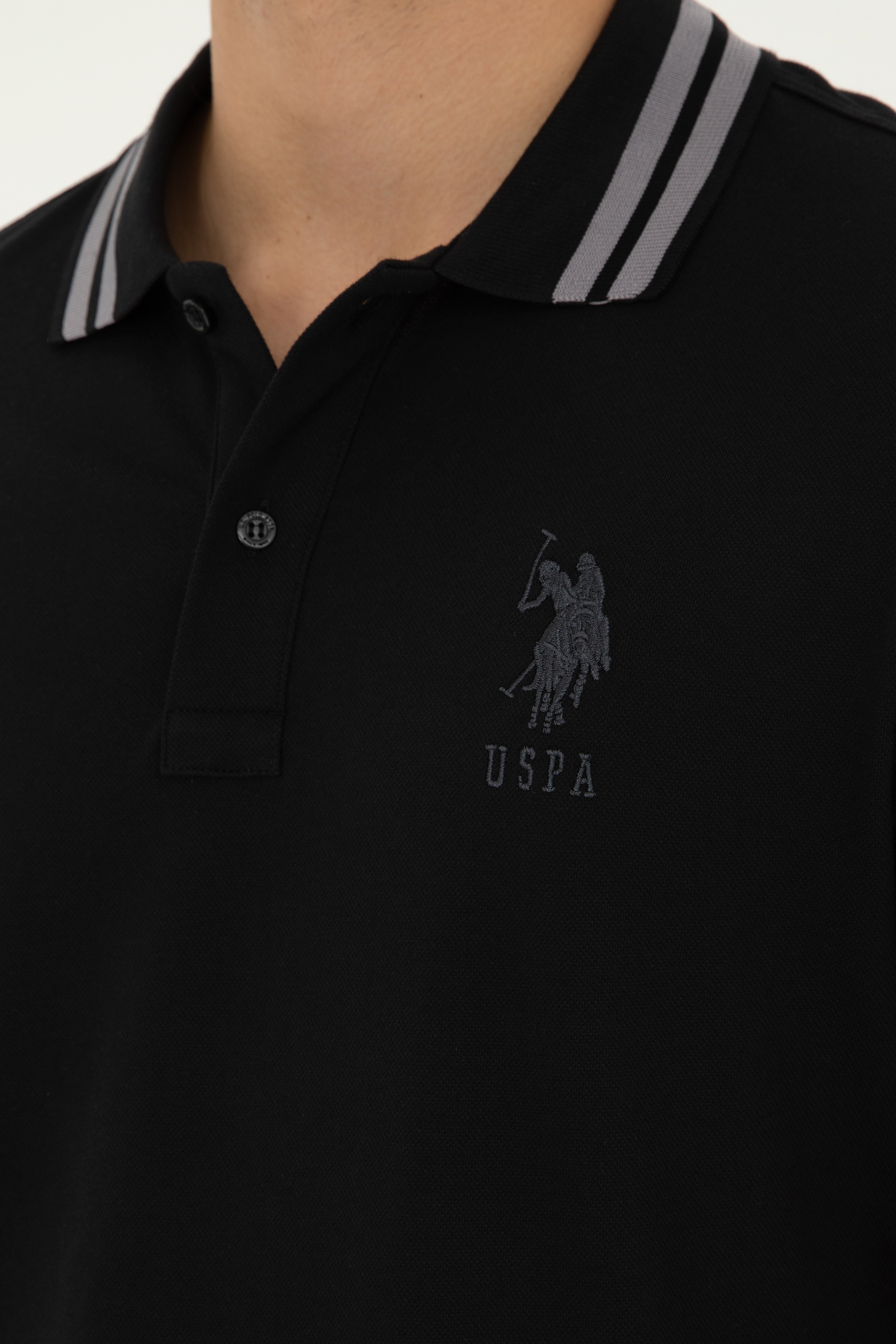 Erkek Slim Fit Polo Yaka Siyah Basic Tişört - Image 7