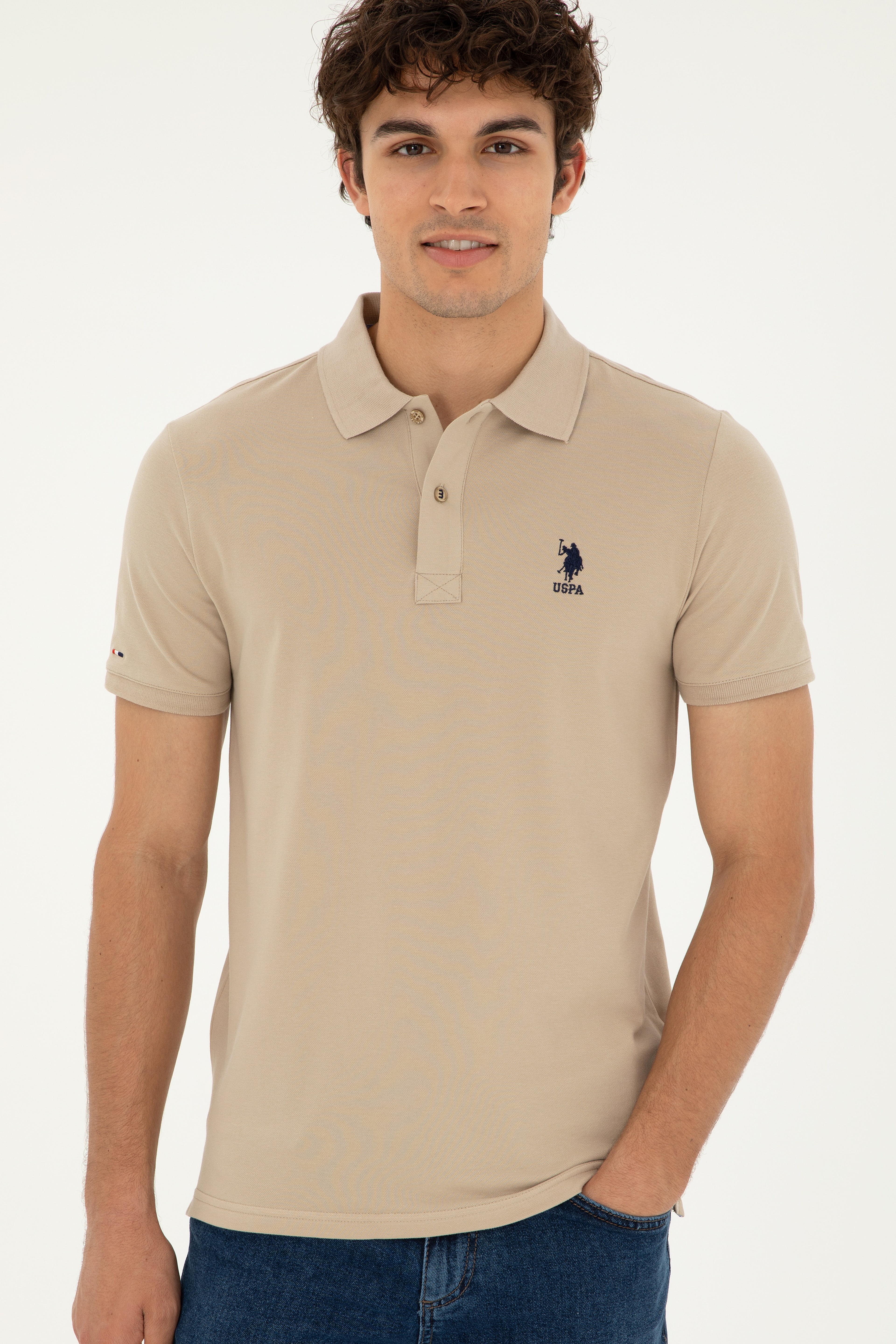 Erkek Slim Fit Polo Yaka Açık Haki Basic Tişört - Image 3
