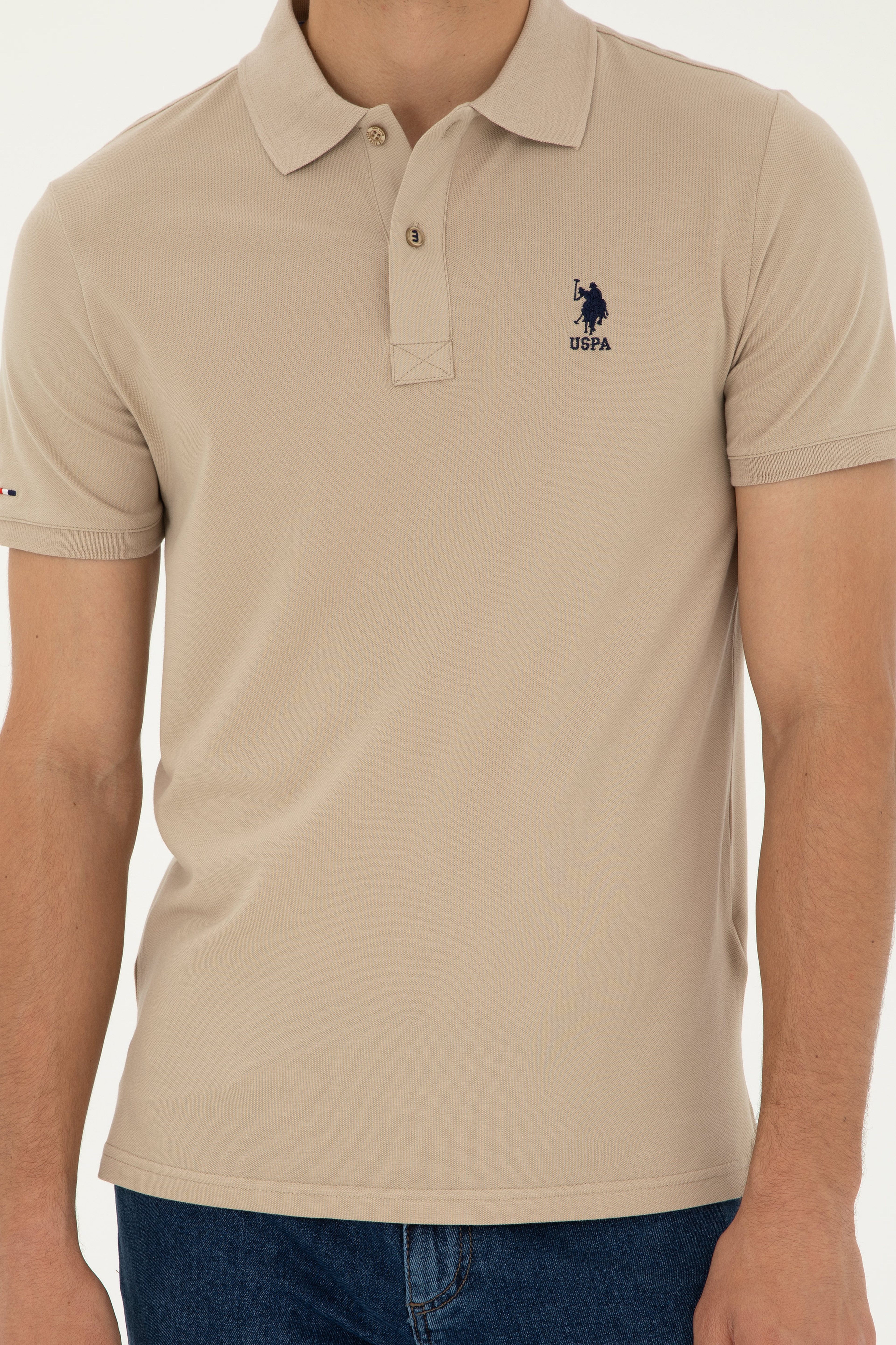 Erkek Slim Fit Polo Yaka Açık Haki Basic Tişört - Image 6