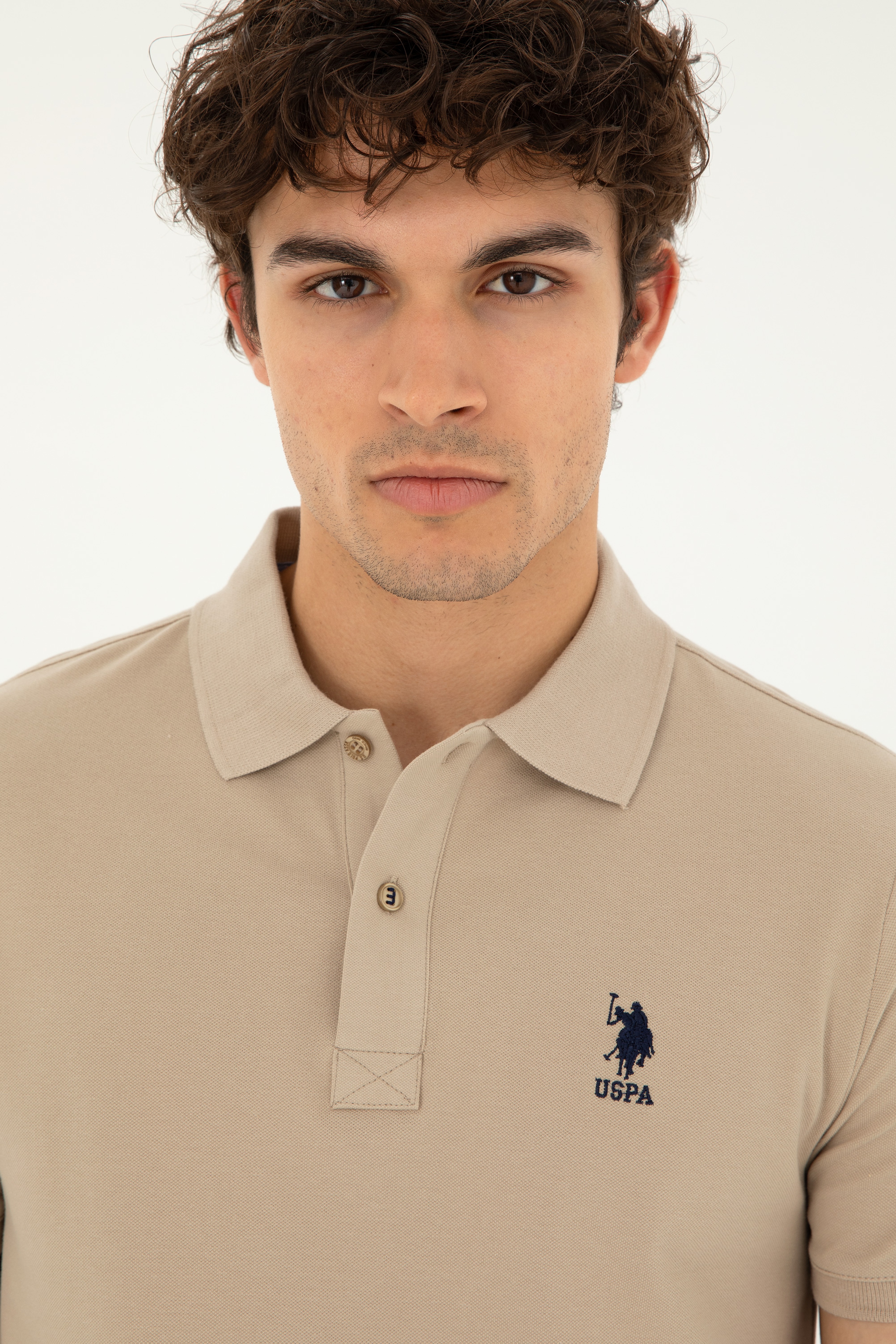 Erkek Slim Fit Polo Yaka Açık Haki Basic Tişört - Image 2